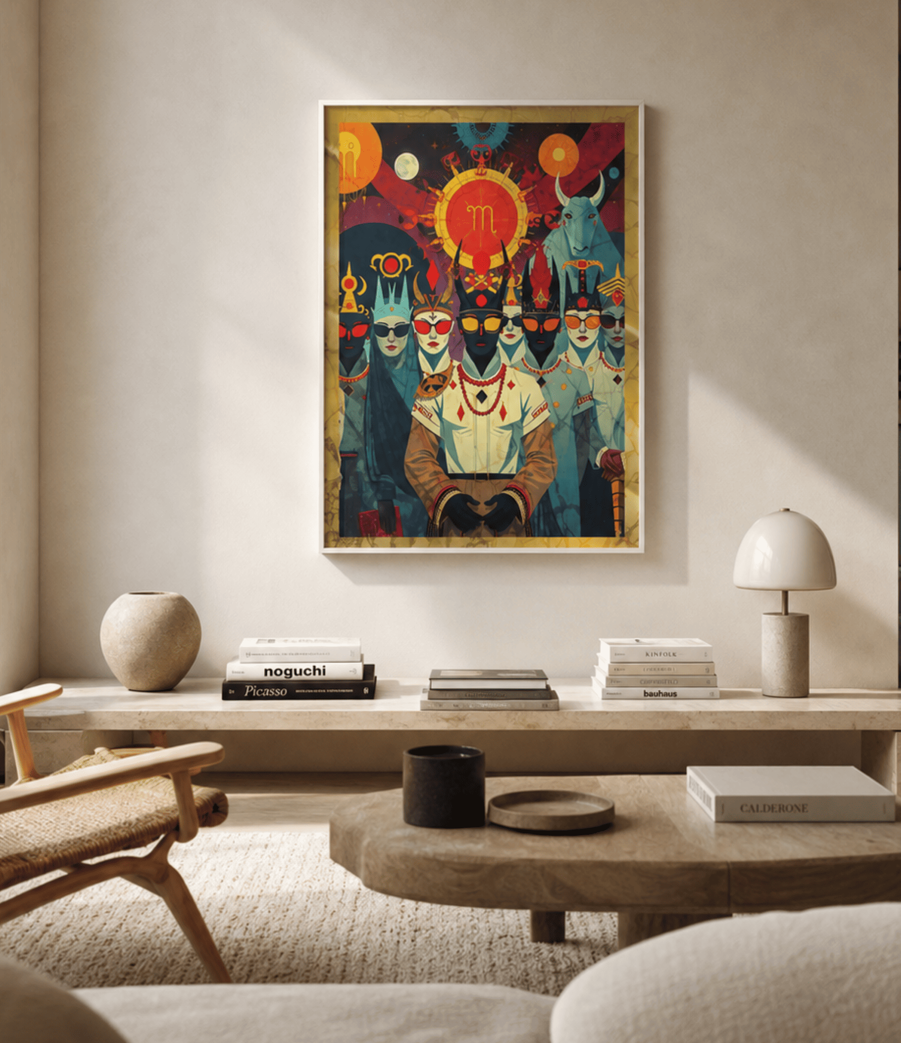 A colourful framed art print featuring stylized figures and celestial motifs, displayed on a beige wall above a modern wooden console shelf in a styled living room.