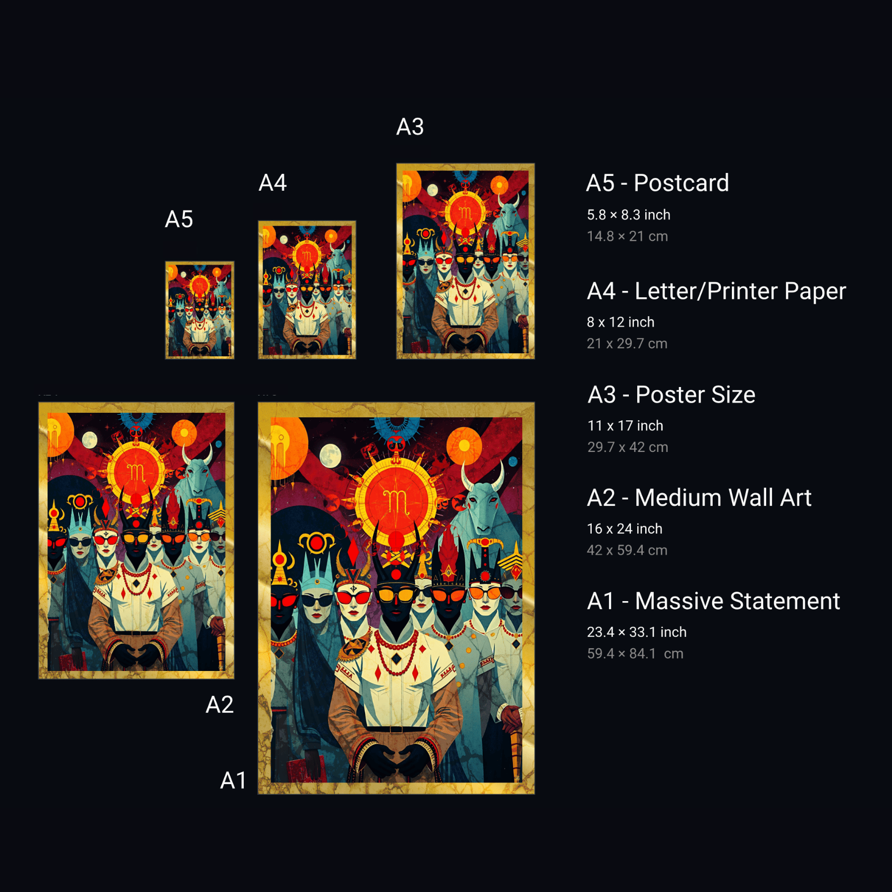 Collection of art prints with sizes and dimensions displayed on a black background