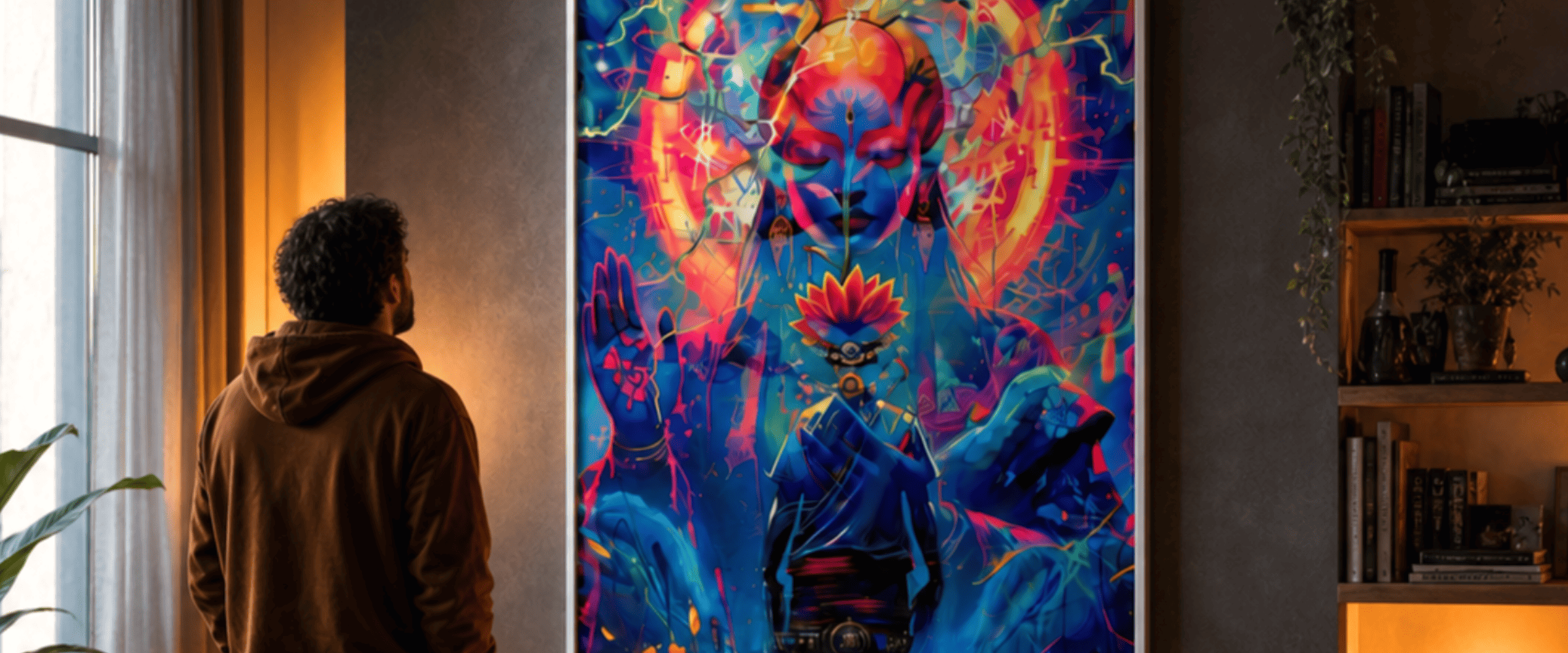 A person stands in a room looking at a large vertical wall art print featuring a vivid psychedelic fantasy character design in bright blue, red, orange, and purple tones.