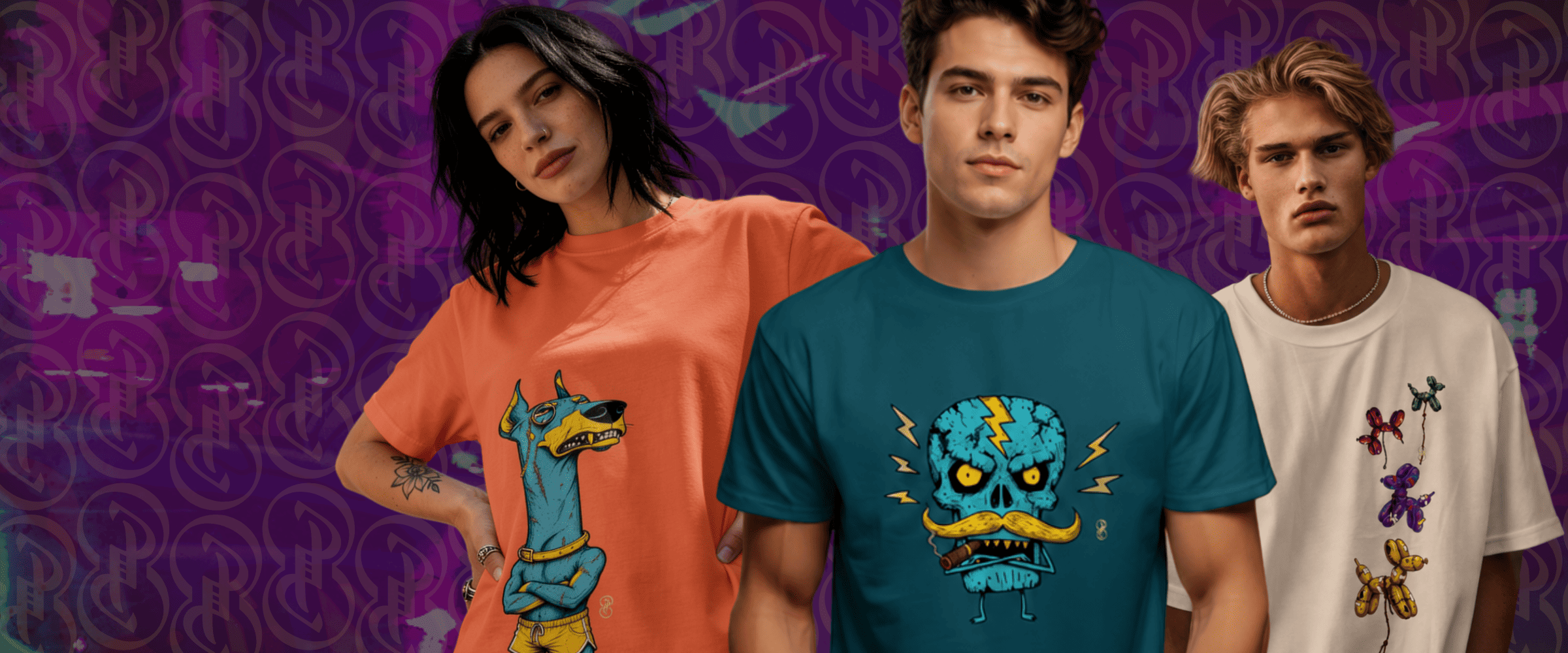 Three young men modelling graphic t-shirts against a purple patterned background. The man in the centre wears a teal t-shirt with a blue cartoon skull graphic, the woman on the left wears an orange t-shirt with a blue cartoon dog graphic, and the man on the right wears a white t-shirt with colourful butterfly graphics.