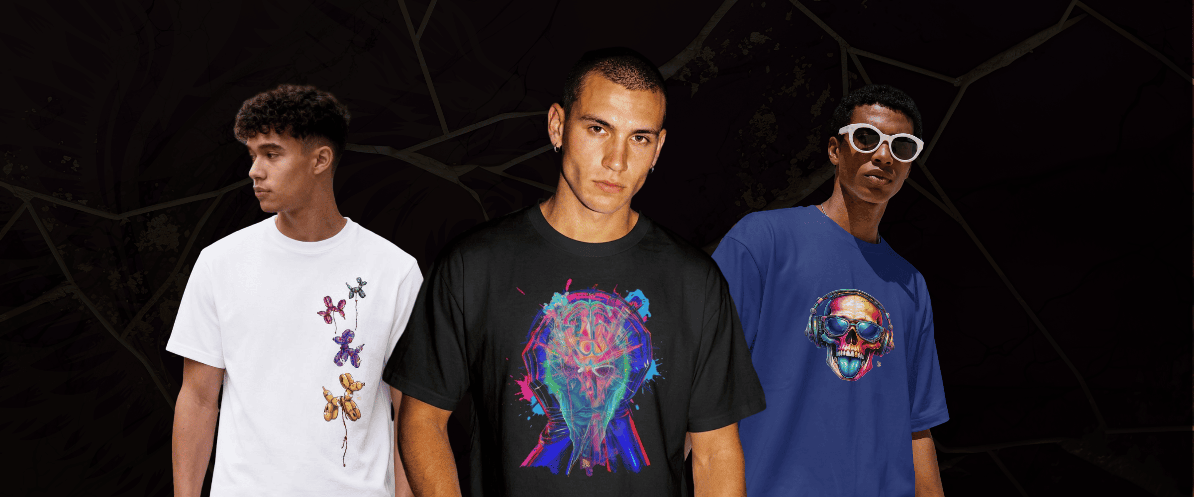 Three men wearing graphic t-shirts against a dark background