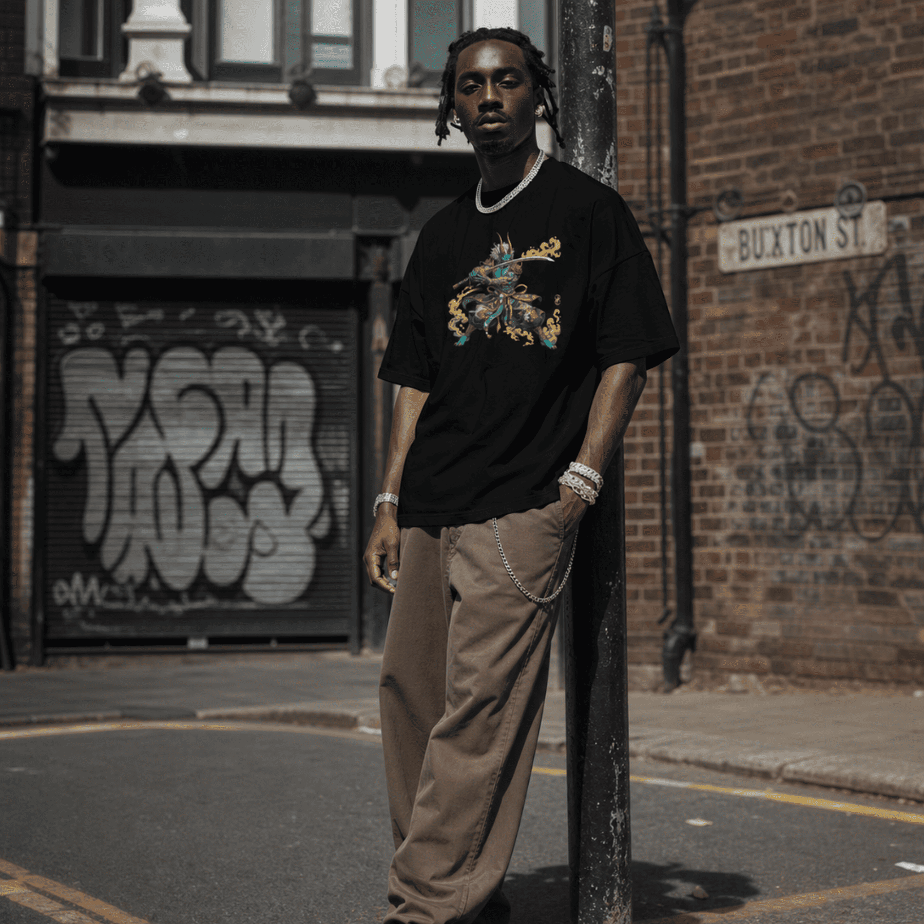 Person wearing a black t-shirt with a graphic design, standing on a street with graffiti in the background.
