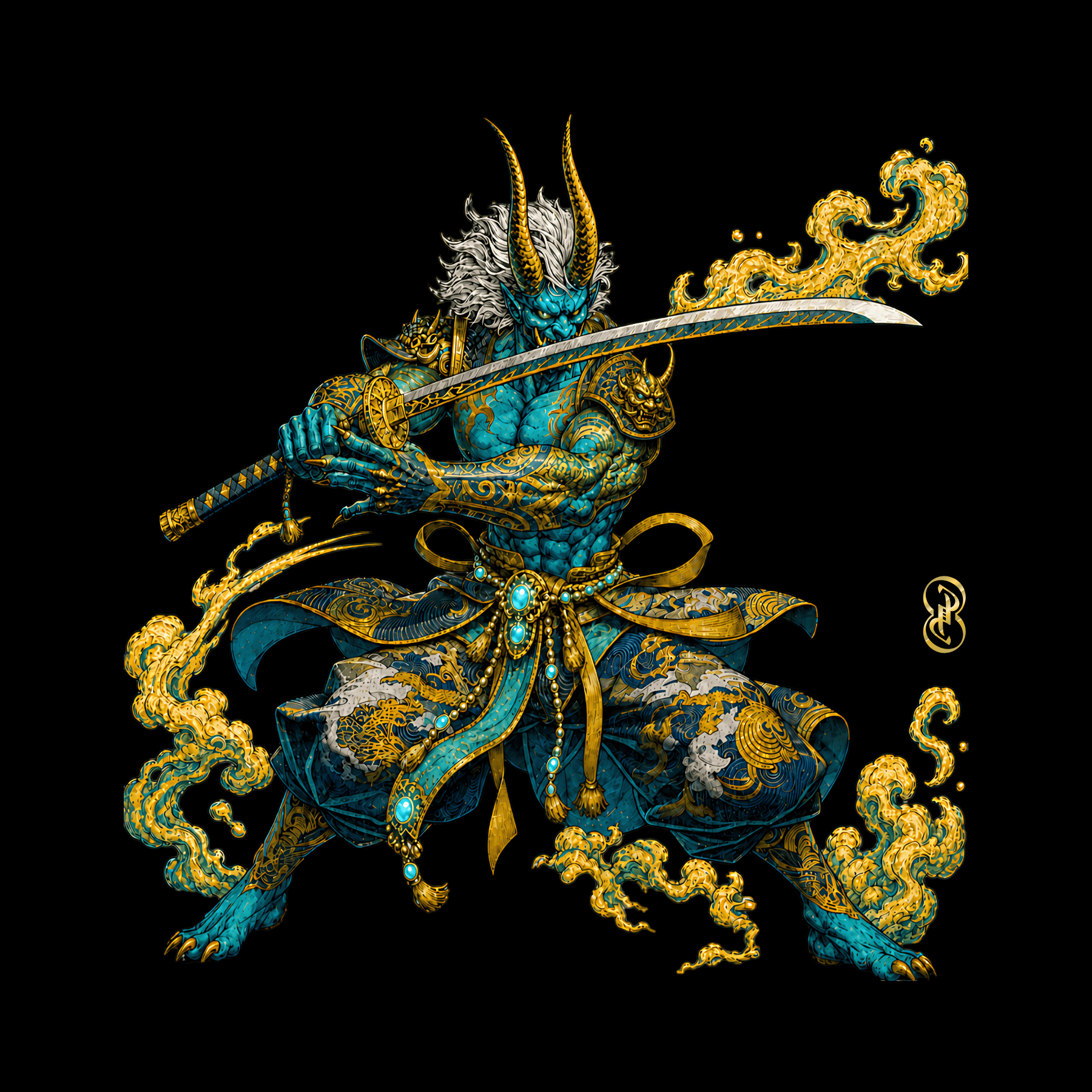 Decorative illustration of a Oni warrior in blue and gold with a sword on a black background