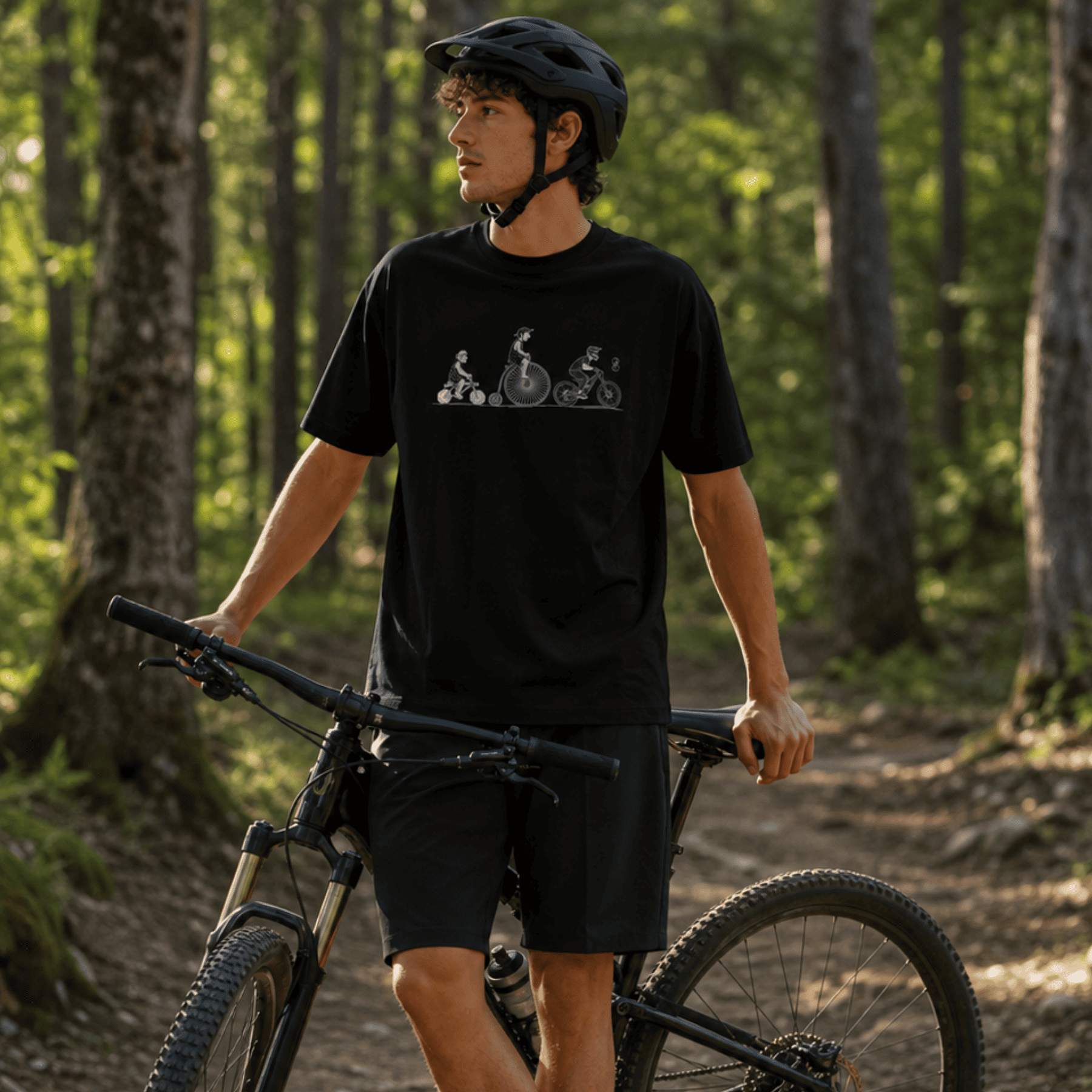 A man wearing a black t-shirt with a bicycle graphic and black shorts stands on a forest trail with a mountain bike.