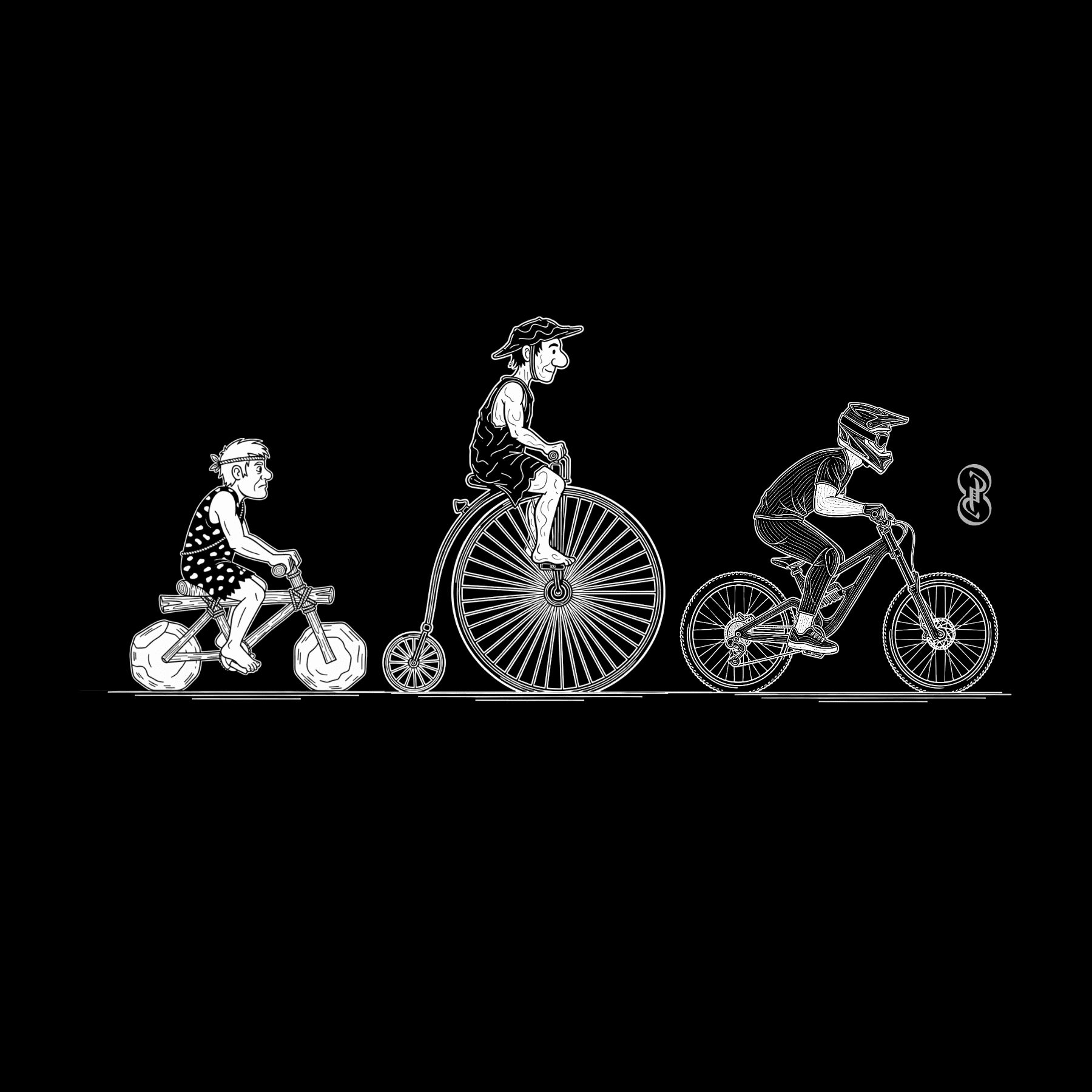 White line art illustration of three cyclists in profile on a solid black background, including a person on a penny-farthing and two riders on smaller bicycles.