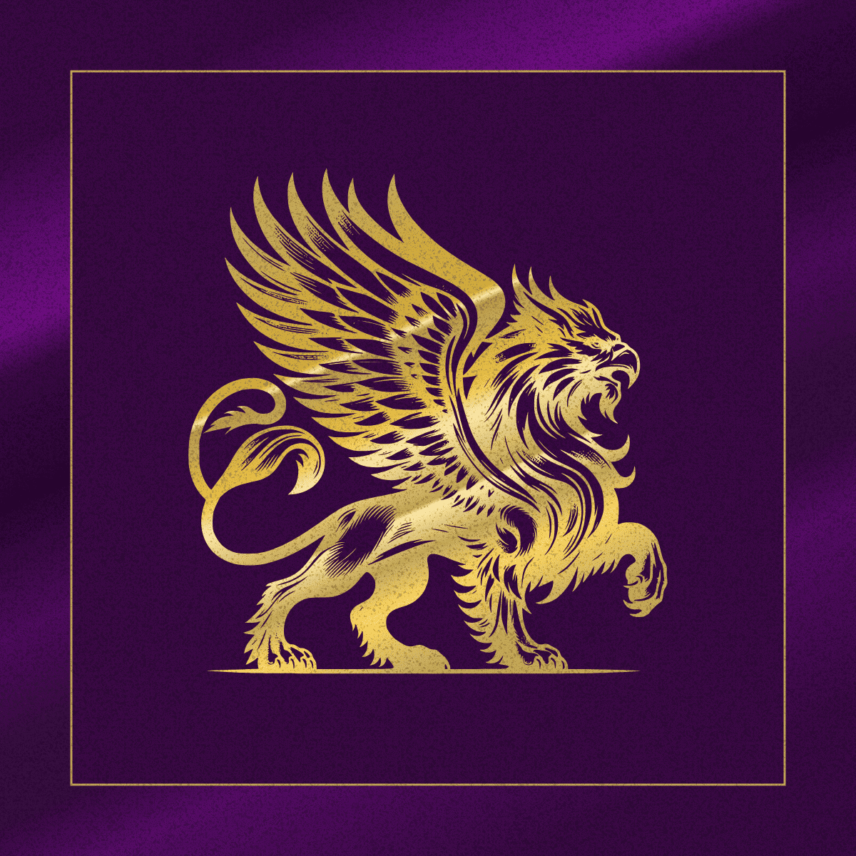 Gold winged lion symbol on a purple background