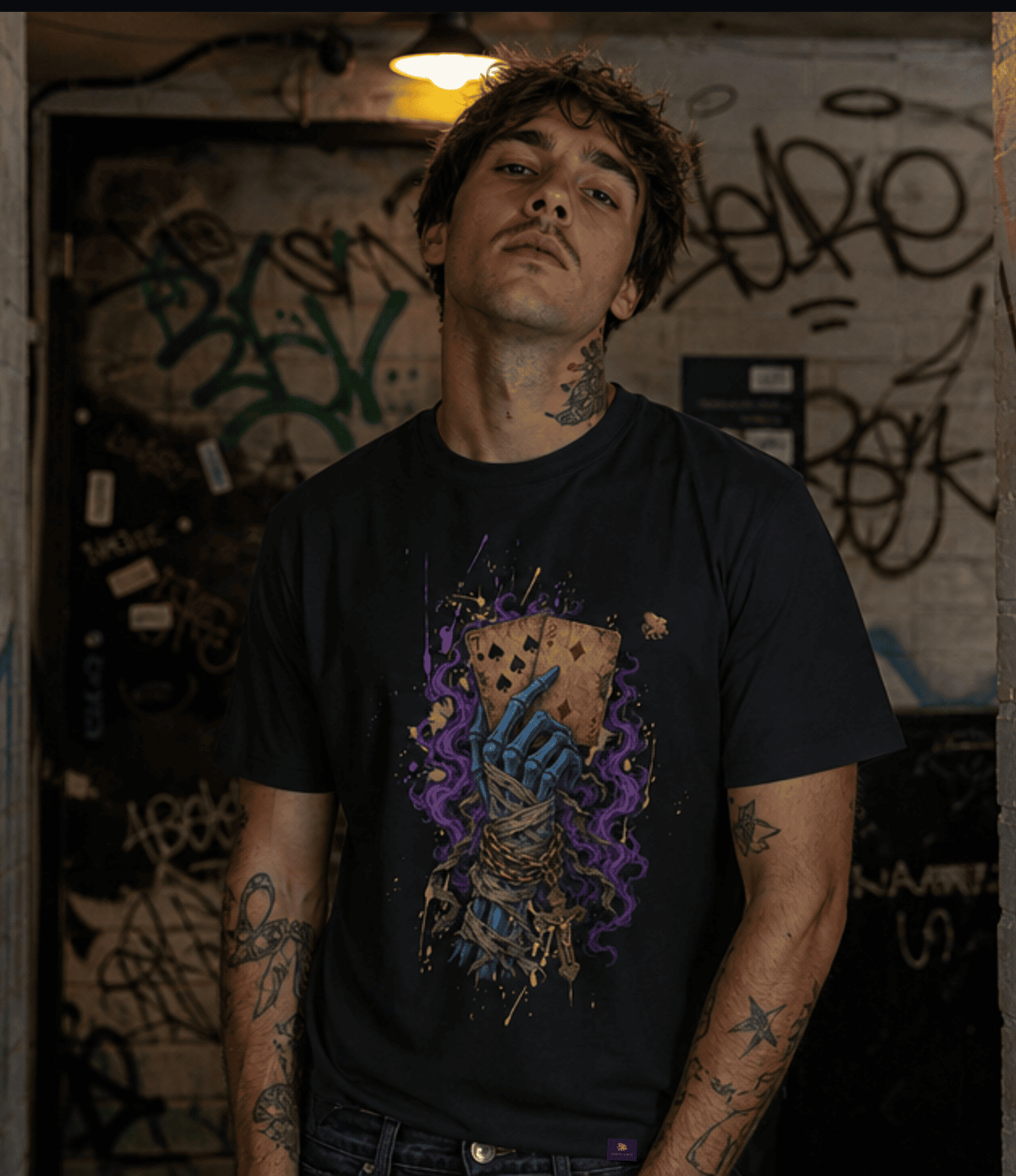 A man with tattoos wearing a black graphic t-shirt featuring a stylized illustration of a hand breaking through a wall with purple and gold paint splatters, set against a dark, graffiti-covered urban background.