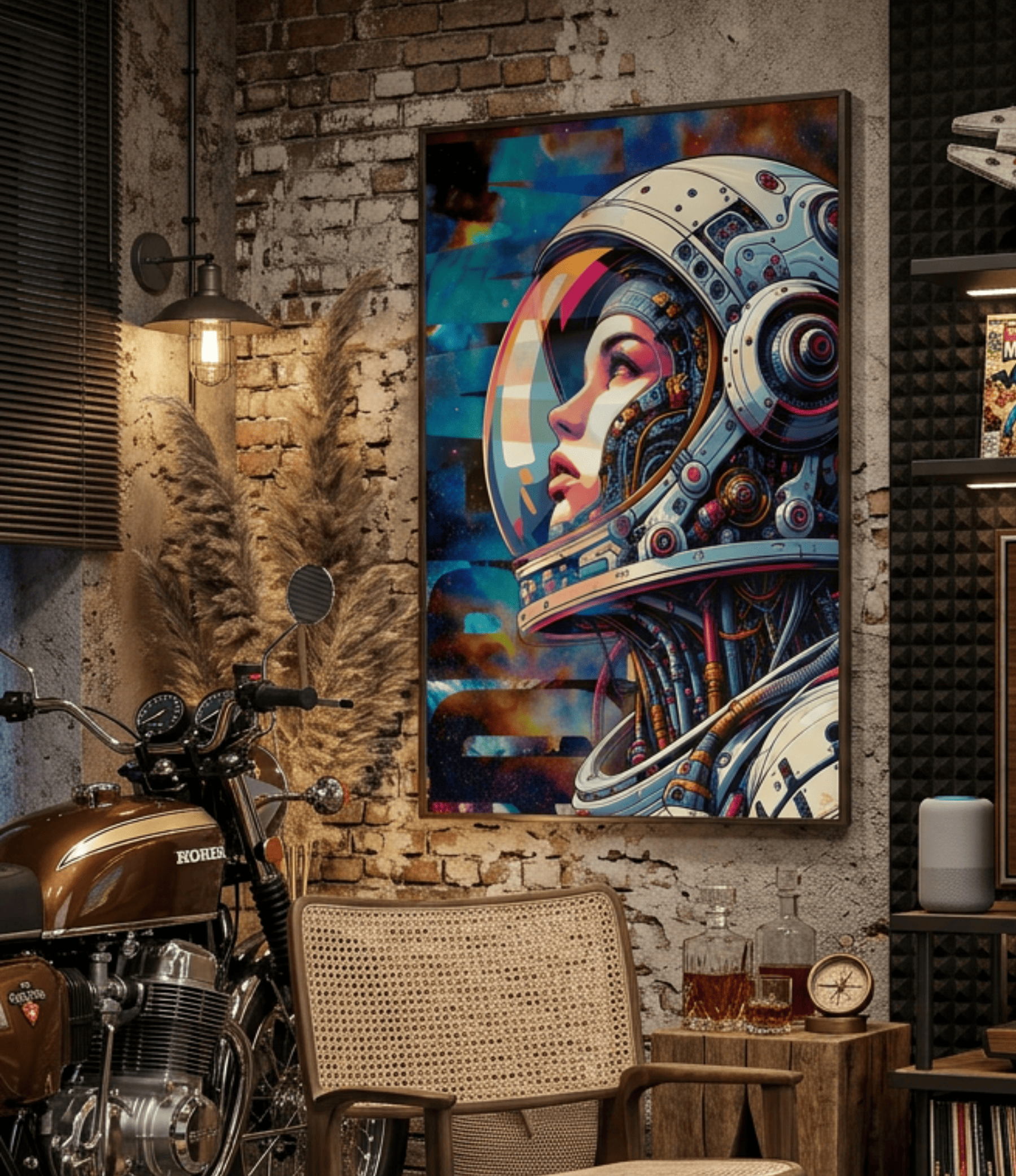 A large vertical canvas print featuring a colourful cyberpunk astronaut portrait, displayed on a rustic brick wall in a styled room with a motorcycle, cane chair, and warm ambient lighting.