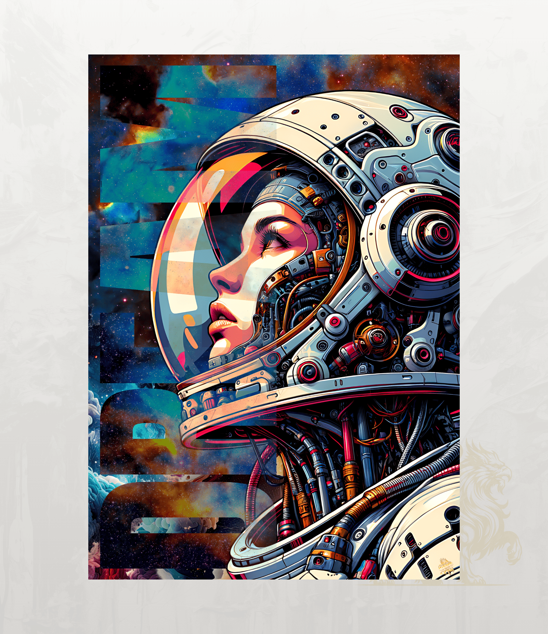 A vertical art print featuring a futuristic astronaut in profile with a transparent visor and intricate mechanical details, set against a colourful cosmic background. The print is displayed against a light textured off-white wall.