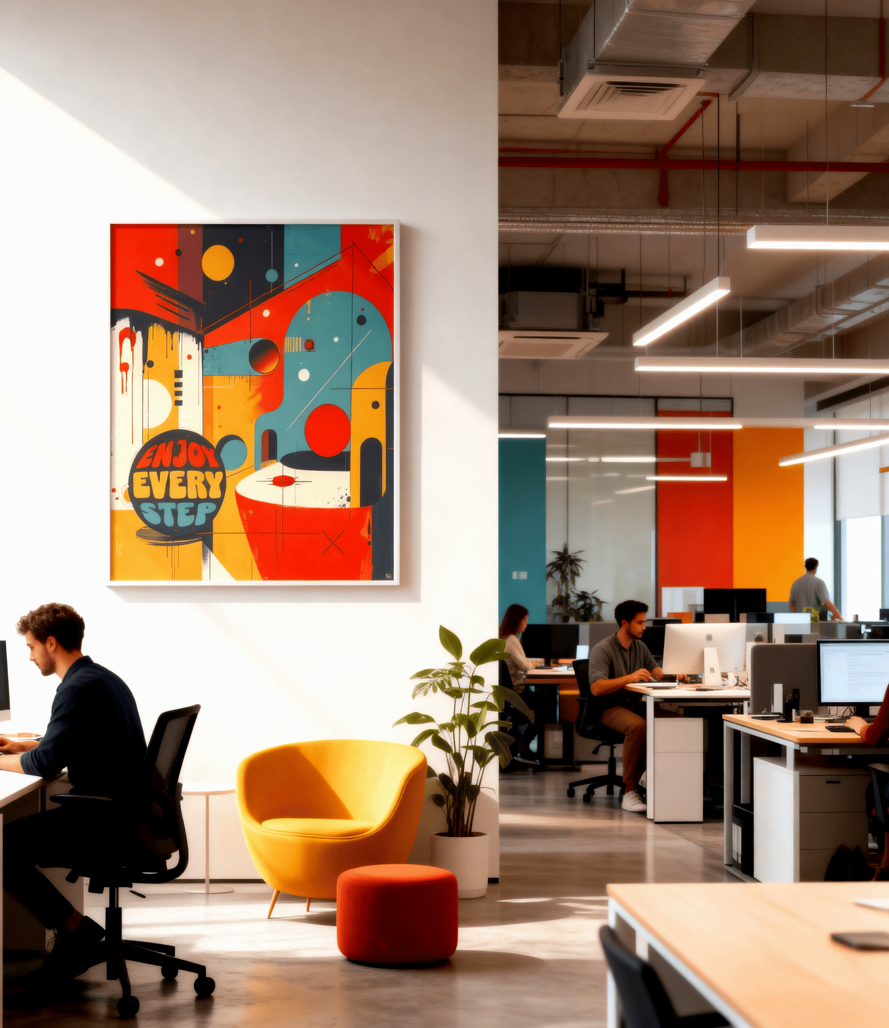 A colourful abstract wall art print with the words 'MAKE EVERY STEP' hangs on a white wall in a modern office space. The office features desks, computer workstations, a yellow armchair, and an orange ottoman.