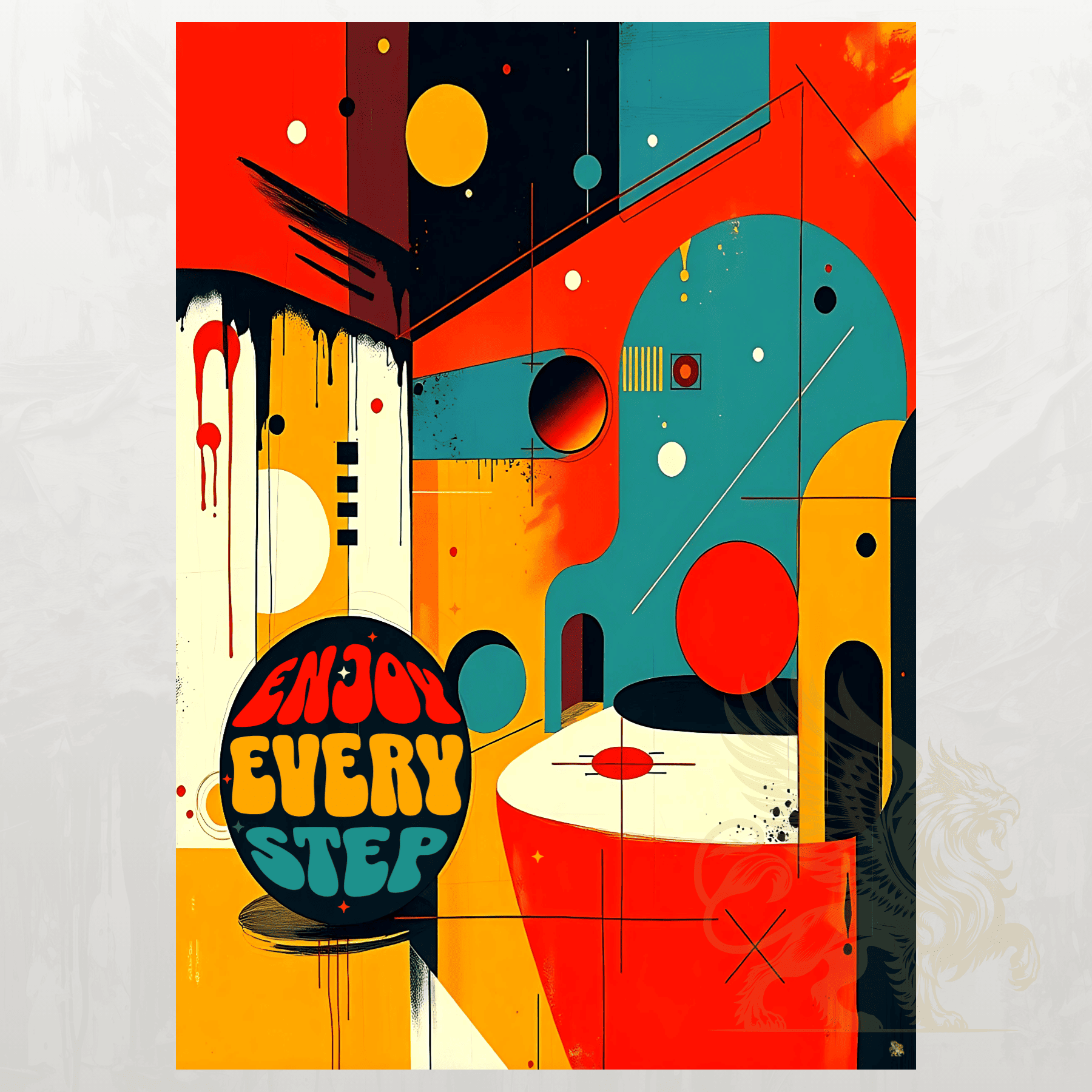Colorful abstract art print with 'Enjoy Every Step' text on a white background