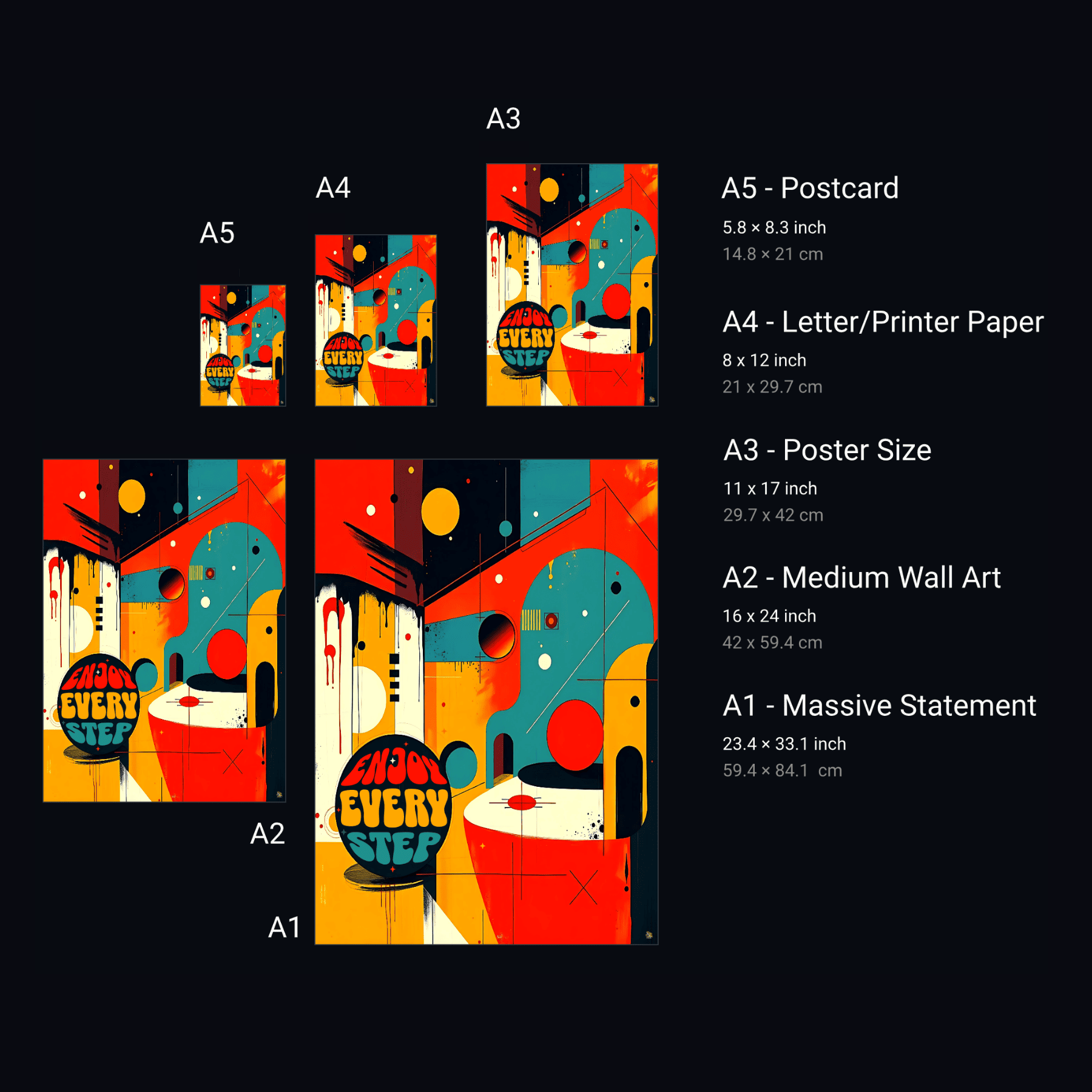 Collection of art prints with sizes and dimensions displayed on a black background