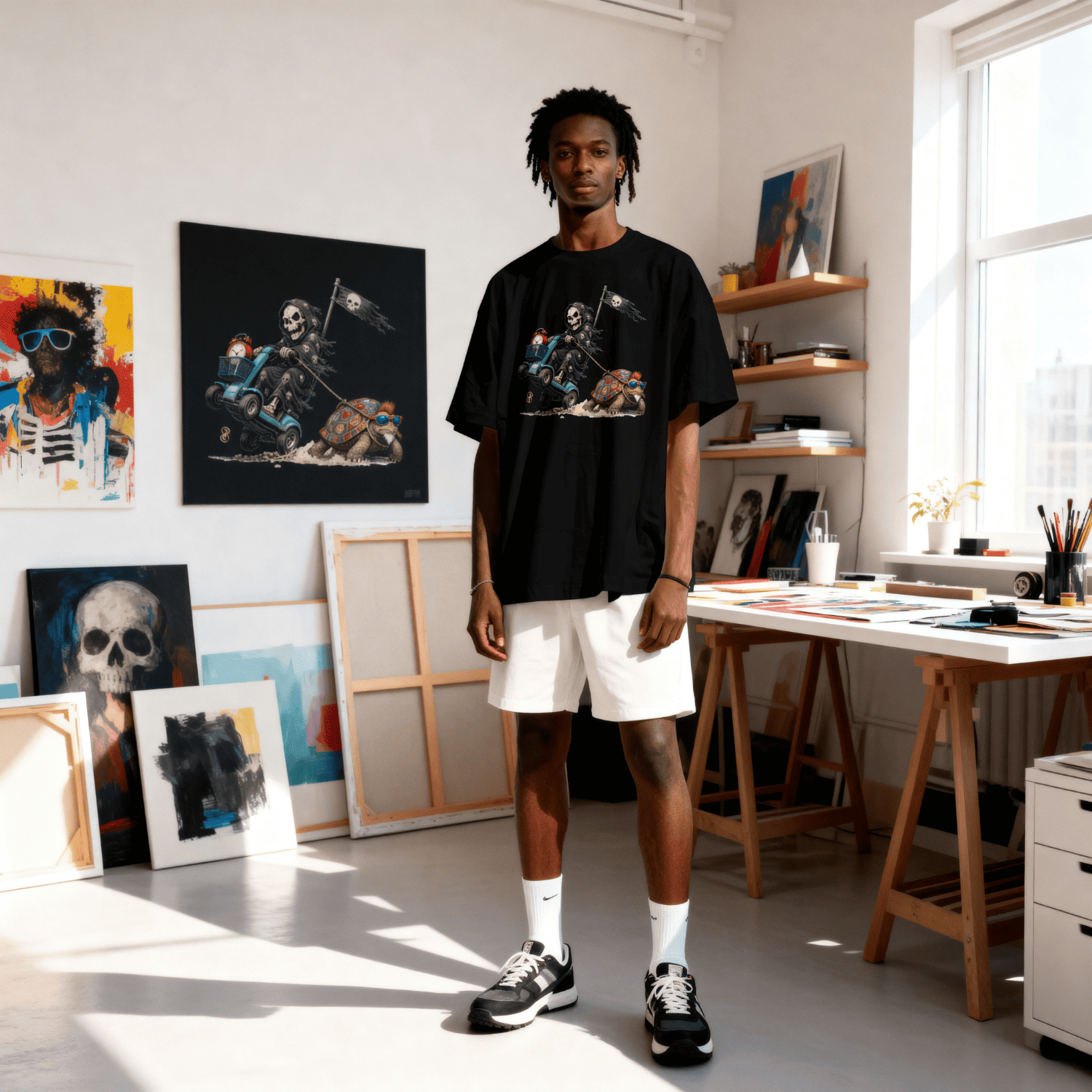 A man stands in a bright art studio wearing a black graphic t-shirt, white shorts, white socks, and black sneakers. The studio features various paintings, canvases, and a wooden desk by a large window.