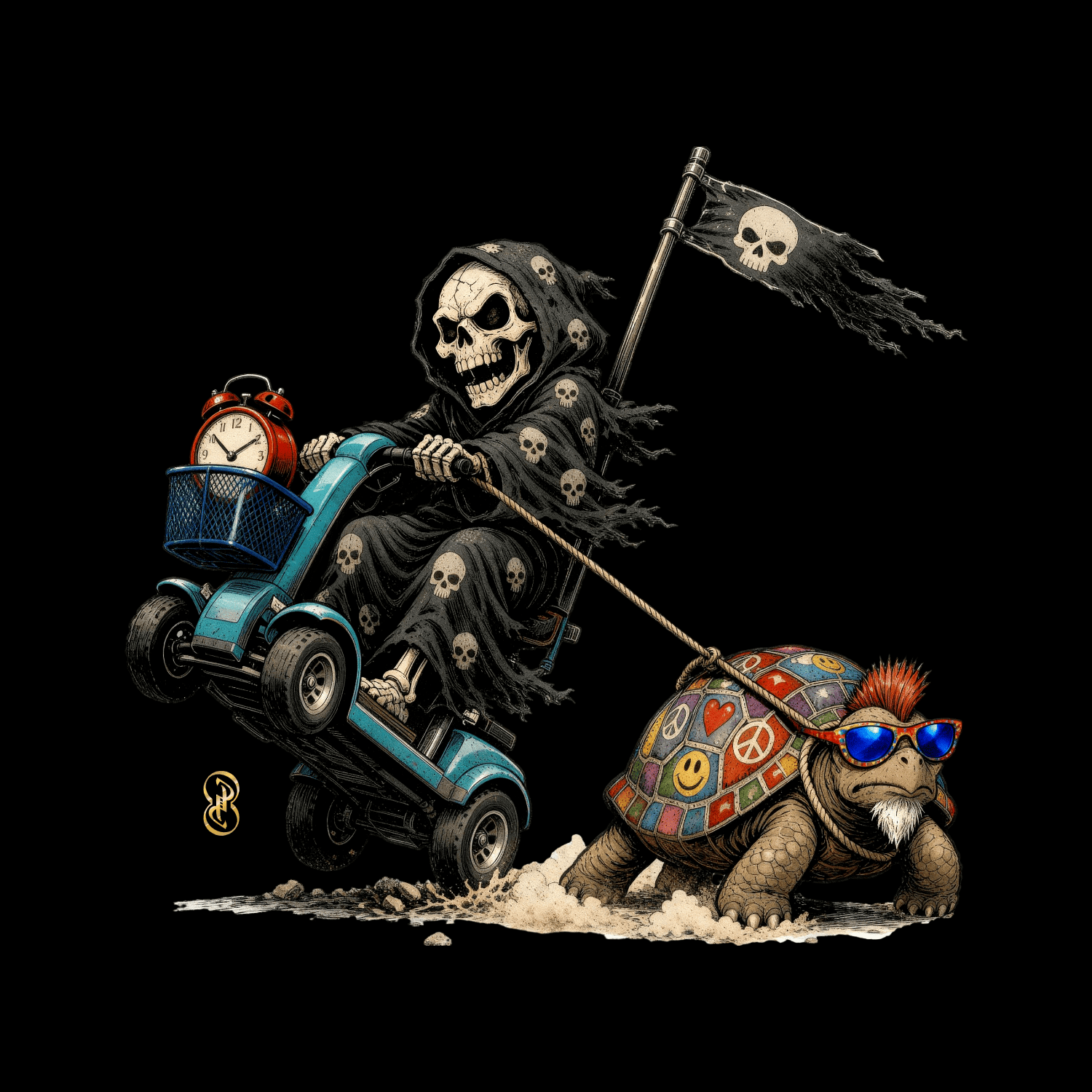 Cartoon skeleton on a scooter pulling a tortoise with a blue background
