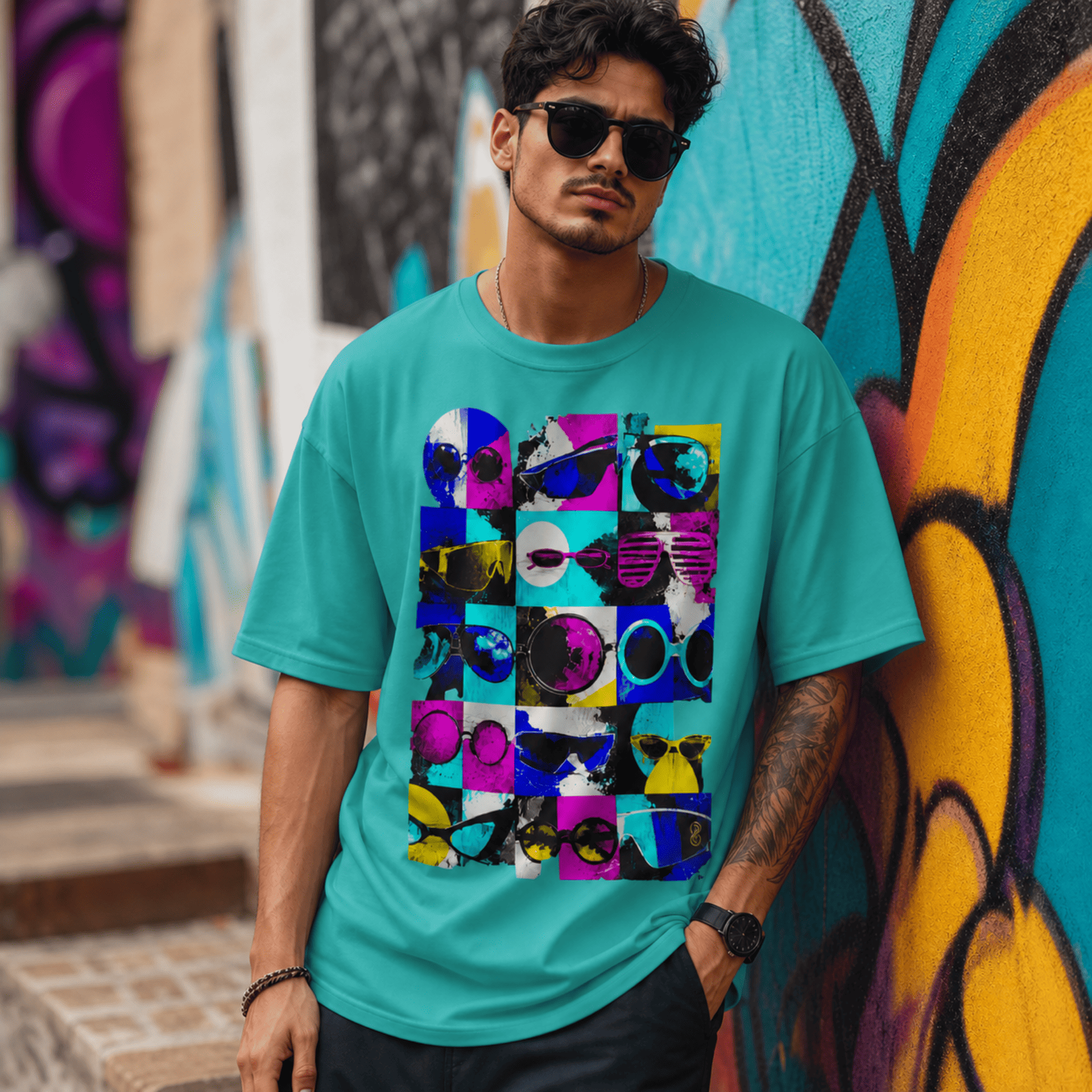 A man wearing a turquoise short-sleeve t-shirt with a colourful graphic print of sunglasses, leaning against a graffiti-covered wall.