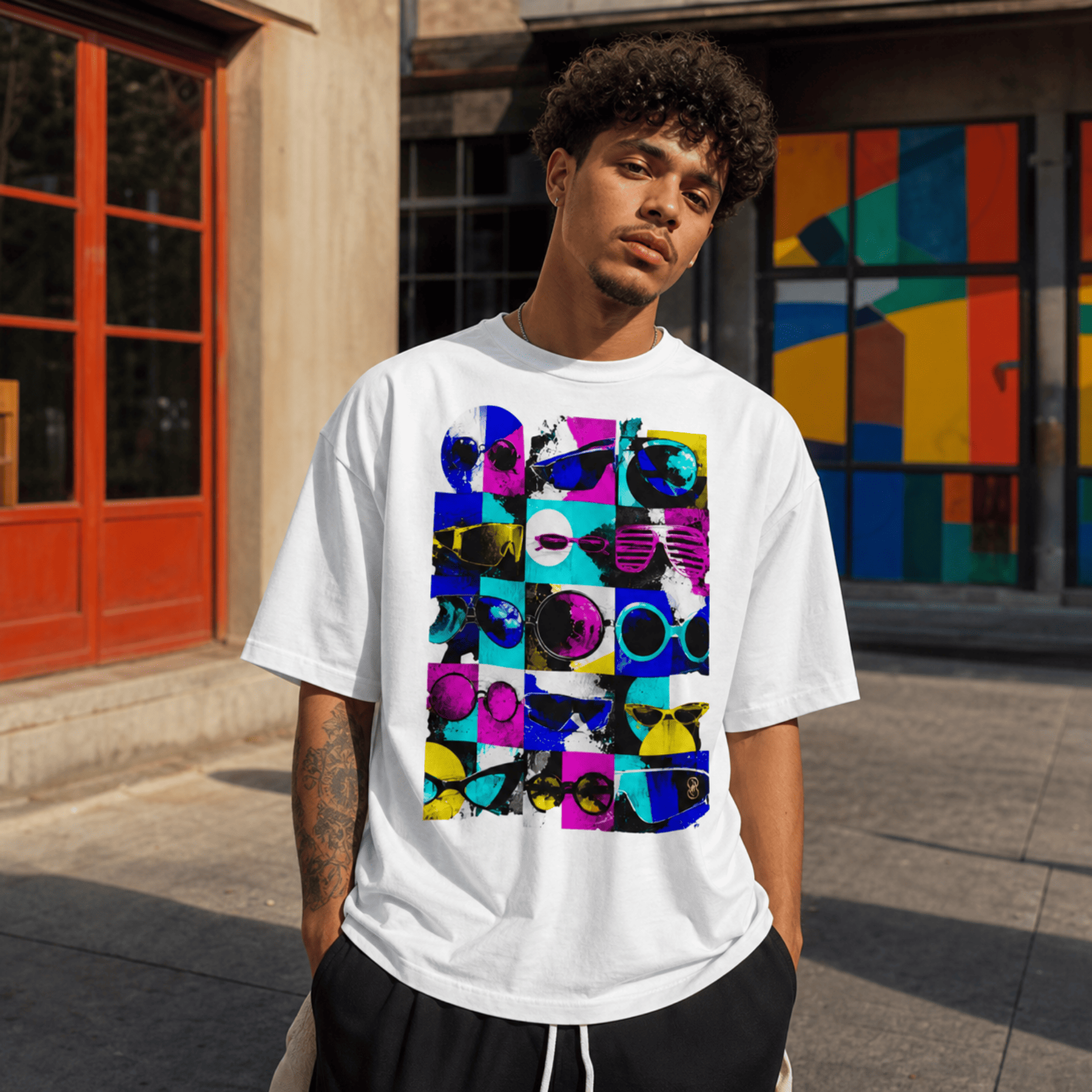 A man wearing a white crewneck t-shirt with a colourful geometric graphic print, standing outdoors in front of a building with a red door and a colourful mural.