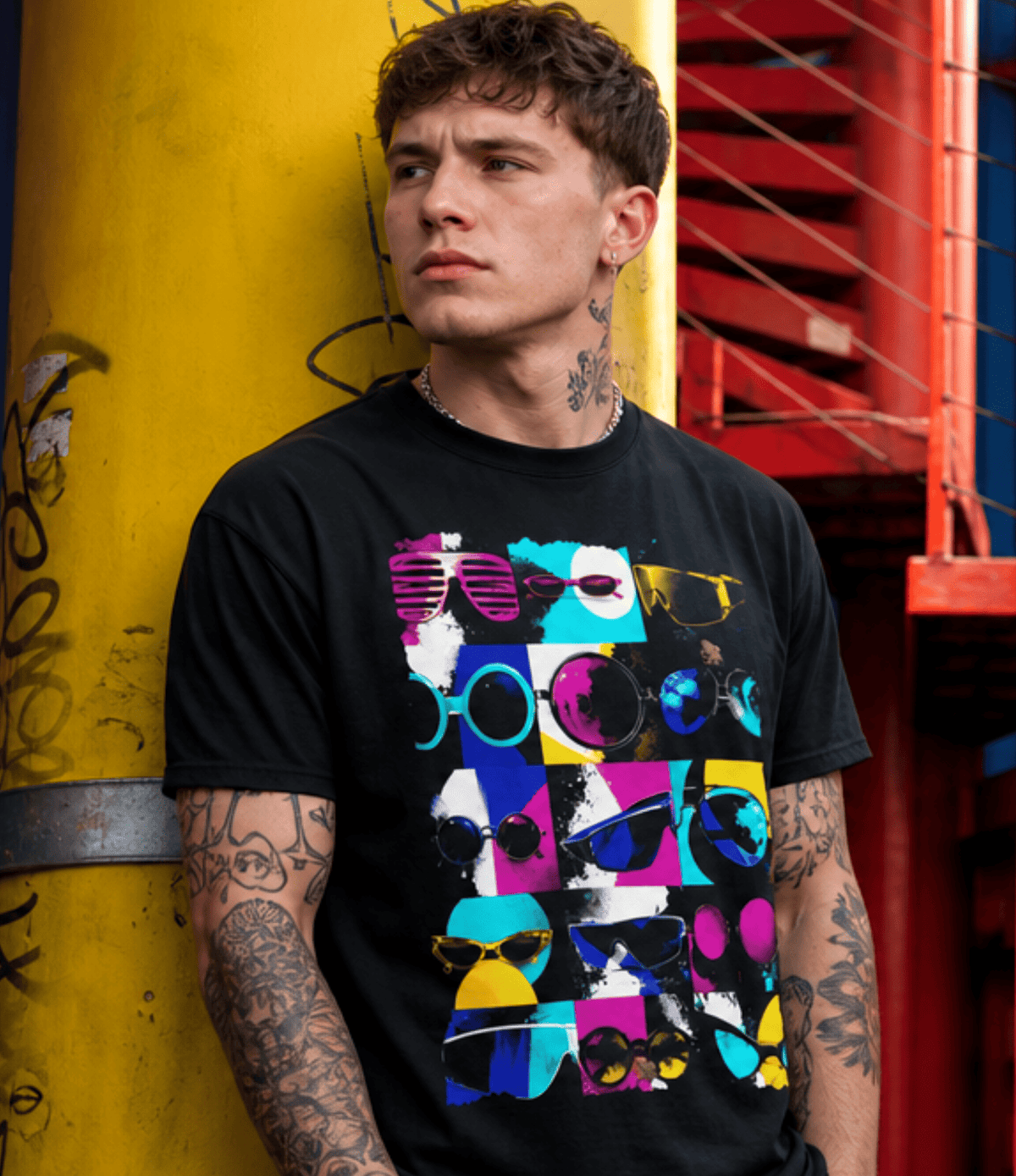 A man with tattoos leans against a yellow pole wearing a black graphic t-shirt featuring a colourful grid pattern of sunglasses.