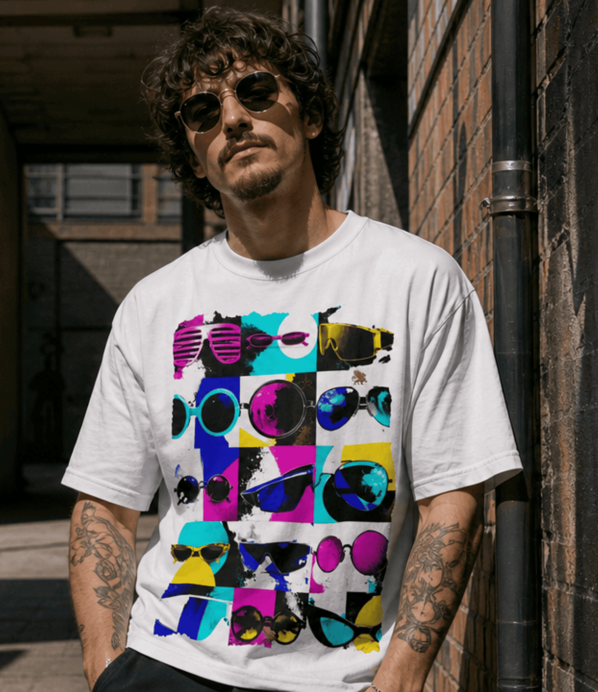 A man wearing a white graphic t-shirt with a colourful pop-art sunglasses pattern, standing in an outdoor alleyway next to a brick wall.