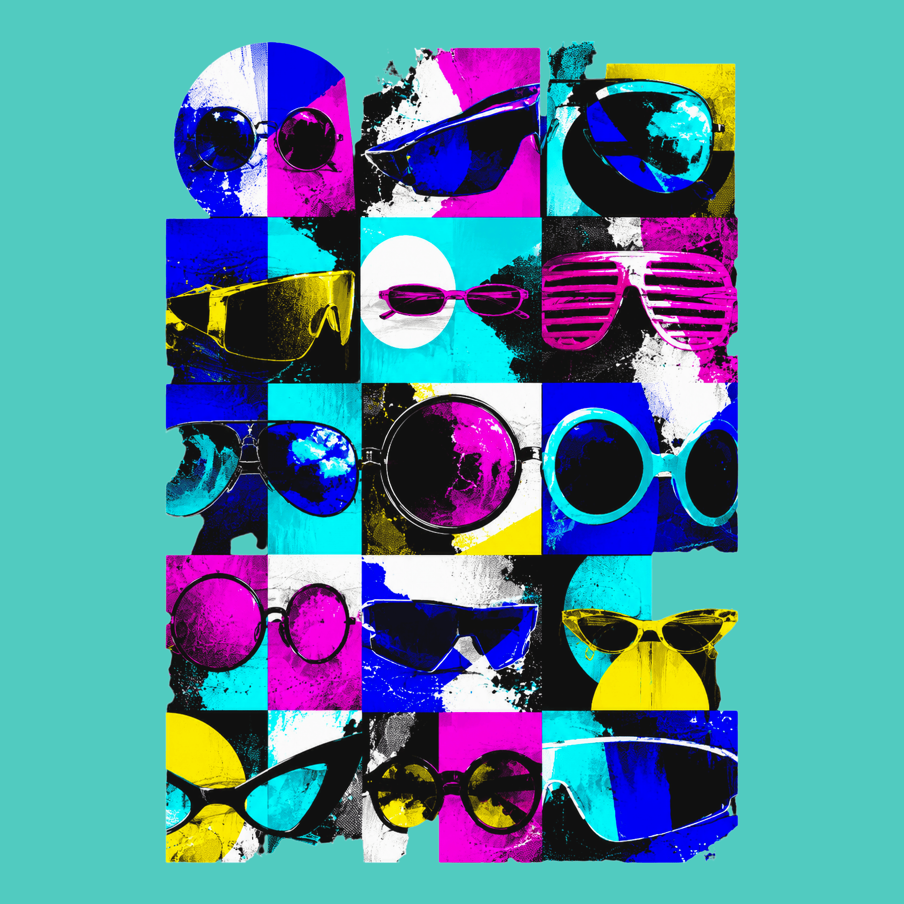 A vibrant pop-art style graphic print featuring a grid of colourful sunglasses in bright neon pink, blue, yellow, black, and white on a solid turquoise background.
