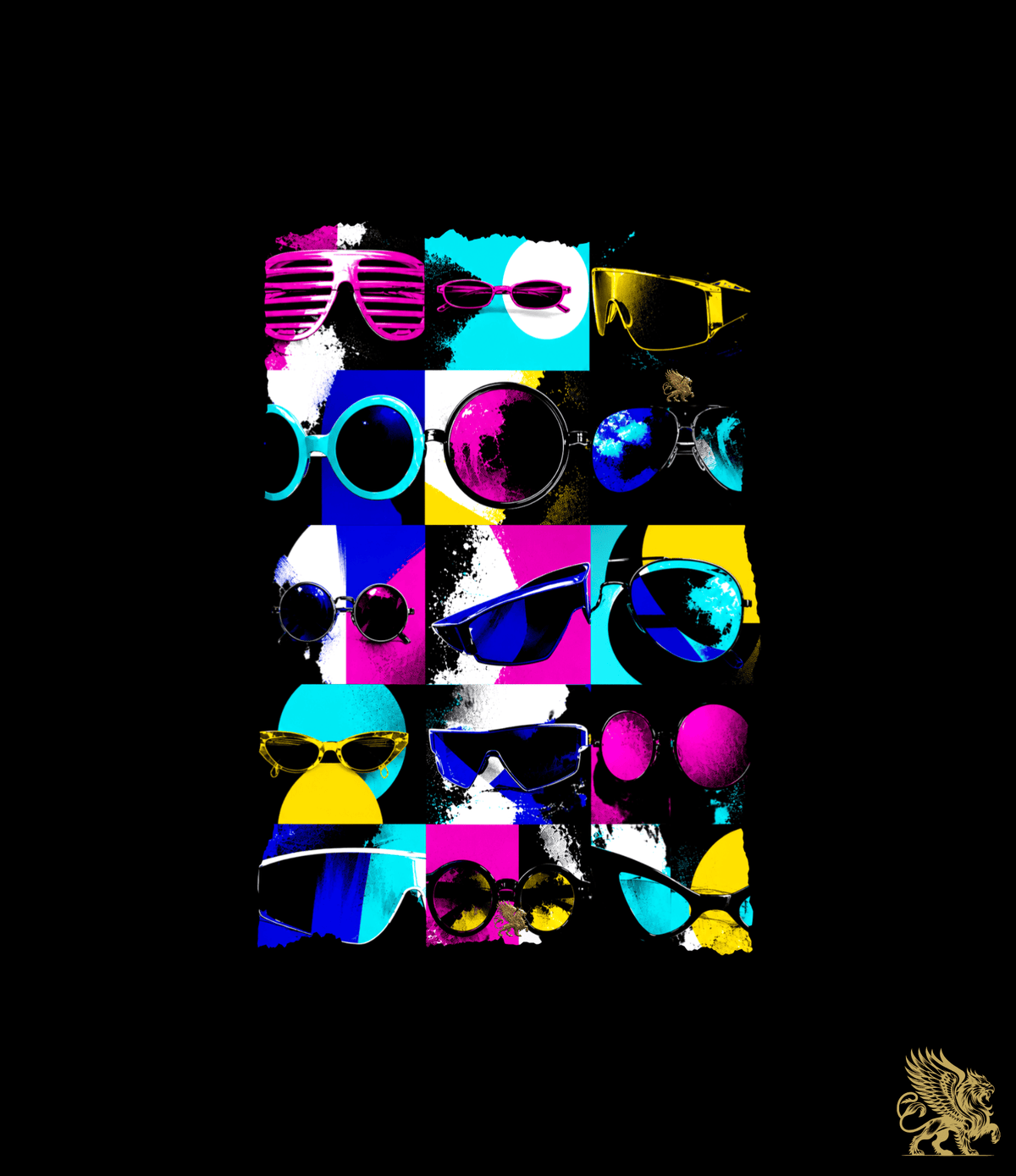 A vibrant pop-art collage of various sunglasses in bright neon colours including pink, blue, yellow, and cyan, arranged in a grid on a black background with a small gold dragon logo in the bottom right corner.