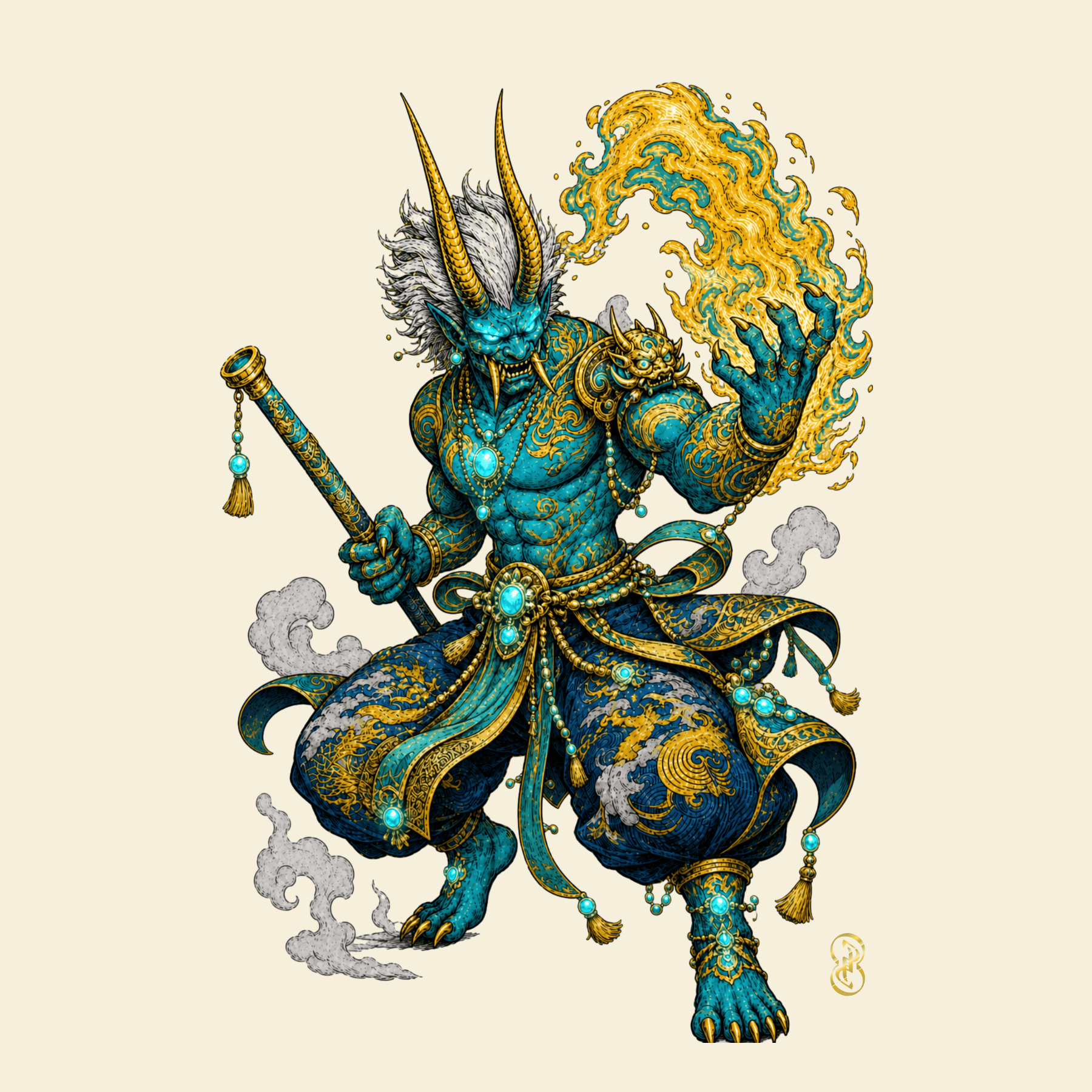 Colorful illustration of a fantasy creature with blue and gold armor on a beige background