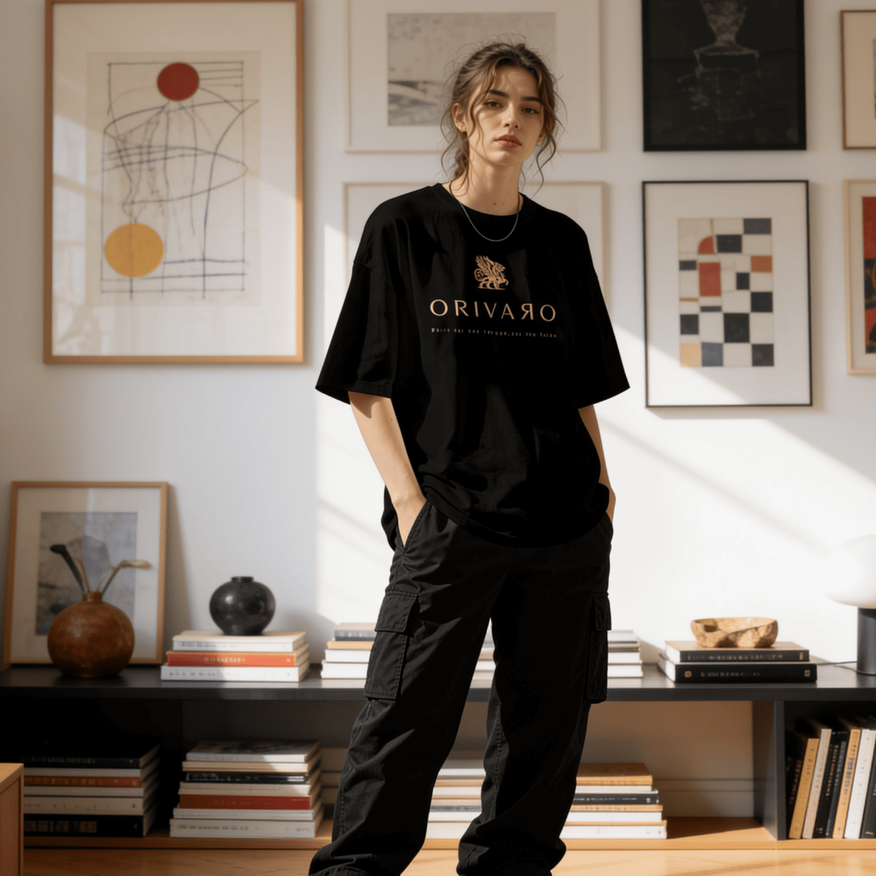 A woman stands in a sunlit room wearing a black oversized T-shirt with a gold-toned ORIVARO logo and cargo-style black pants. Framed abstract wall art hangs above a shelf with books and decor.