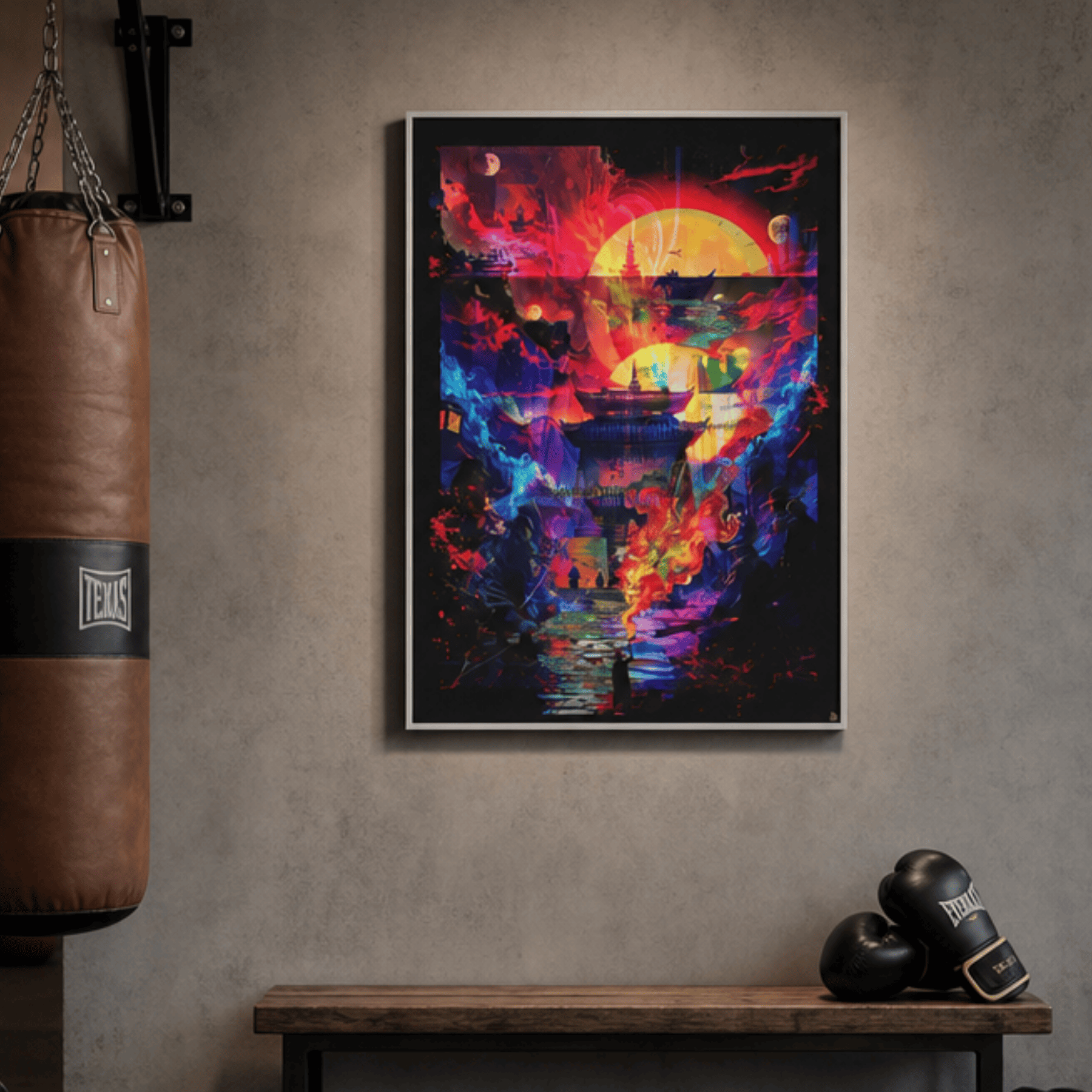 Colourful abstract image on a wall in a fighter gym.