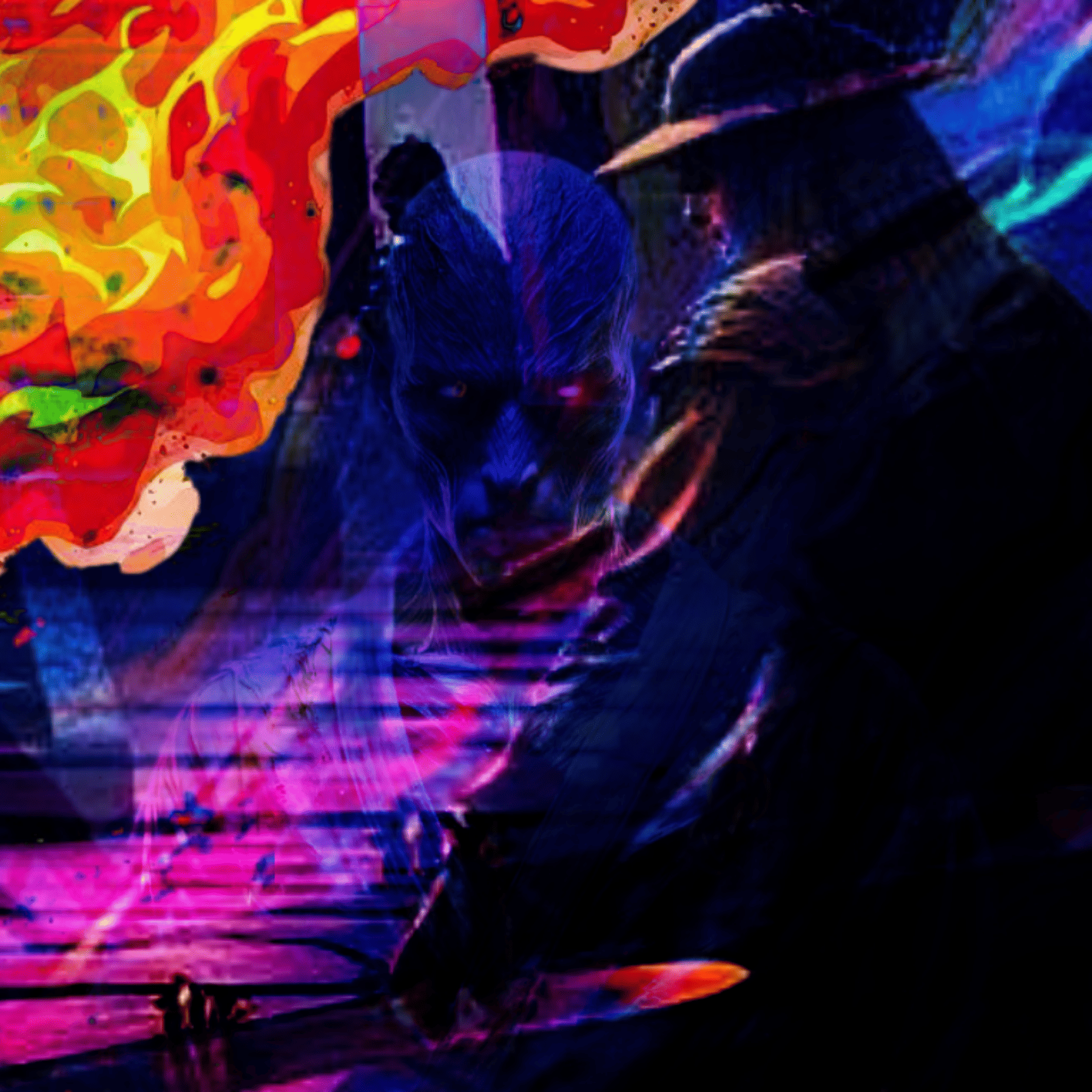 Colorful abstract art with a person holding an umbrella and a piano.