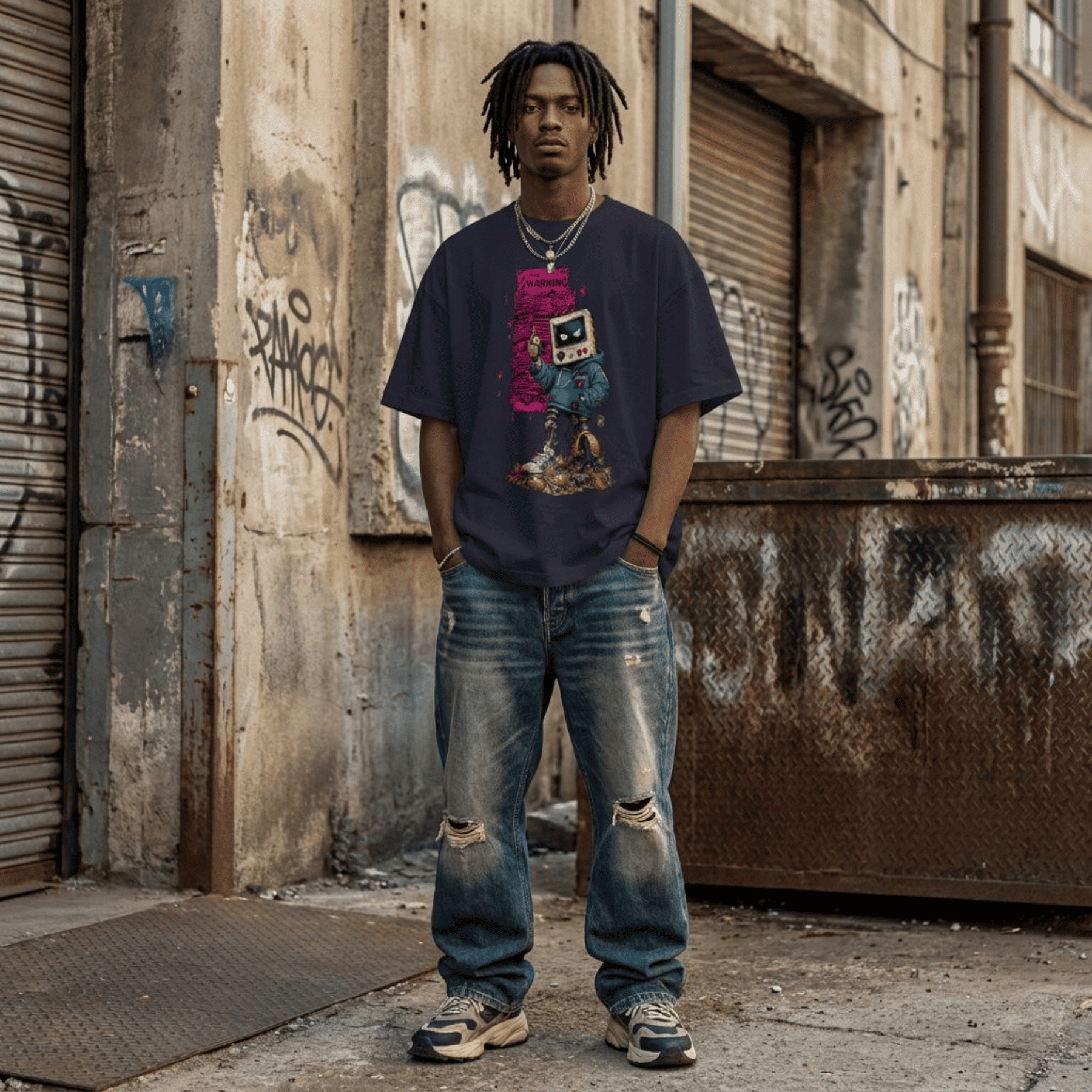 A man stands on a city street wearing a dark navy graphic t-shirt with a retro TV design, distressed blue jeans, and sneakers, set against a gritty urban background with graffiti.