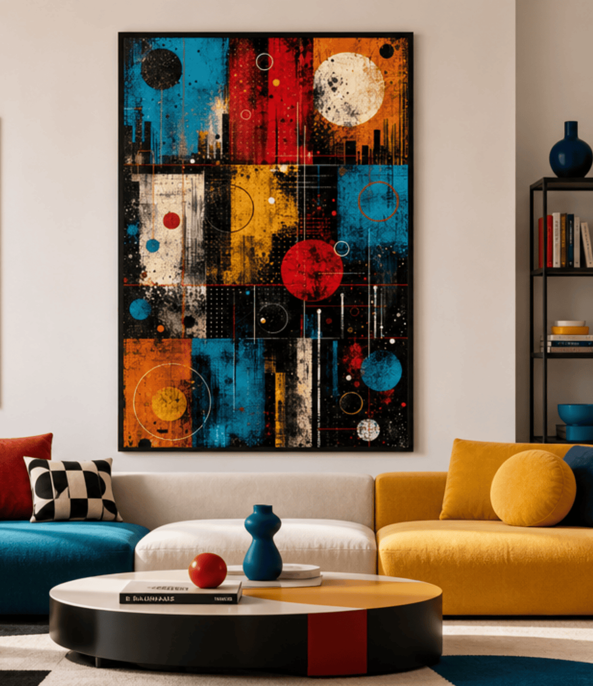A large framed abstract wall art print with bold geometric blocks and splatter details in blue, red, orange, yellow, black, and white, displayed above a modern sofa in a styled living room.