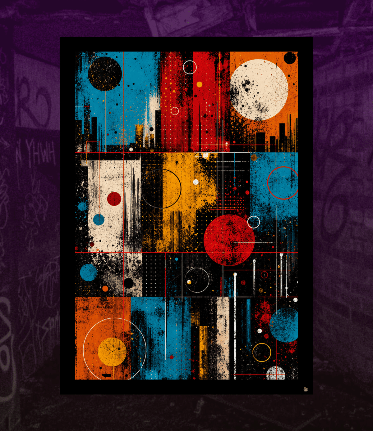 A framed abstract art print featuring a grid of vibrant blocks in blue, red, orange, yellow, black, and white, with splatters, circles, and cityscape-like silhouettes, displayed against a dark purple graffiti-textured background.
