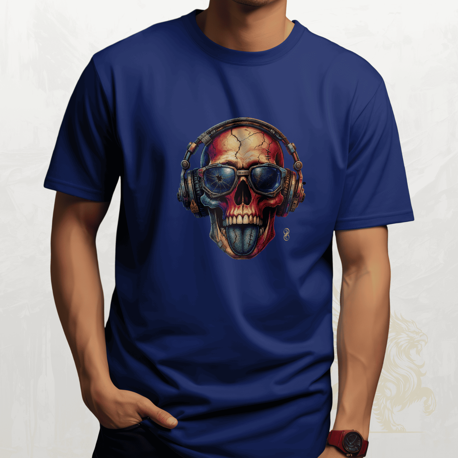 Black t-shirt with a skull design wearing headphones and sunglasses on a white background