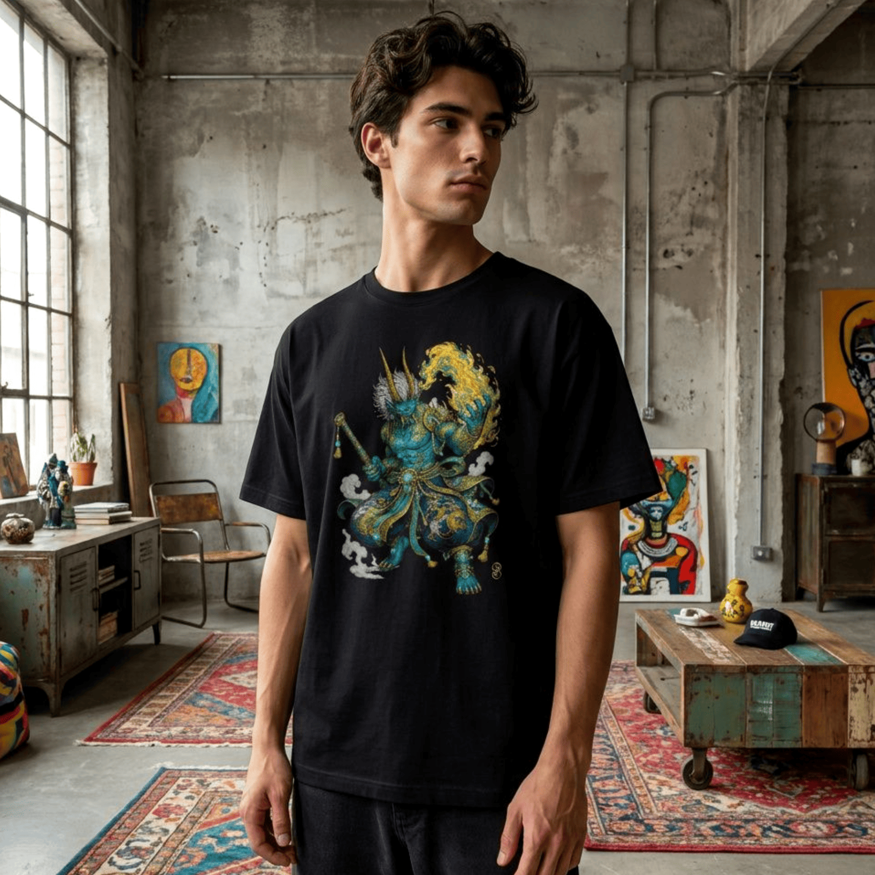 A man wearing a black graphic t-shirt with a detailed blue, green, and yellow illustration of a warrior deity, standing in a rustic, industrial loft room with concrete walls and colourful rugs.