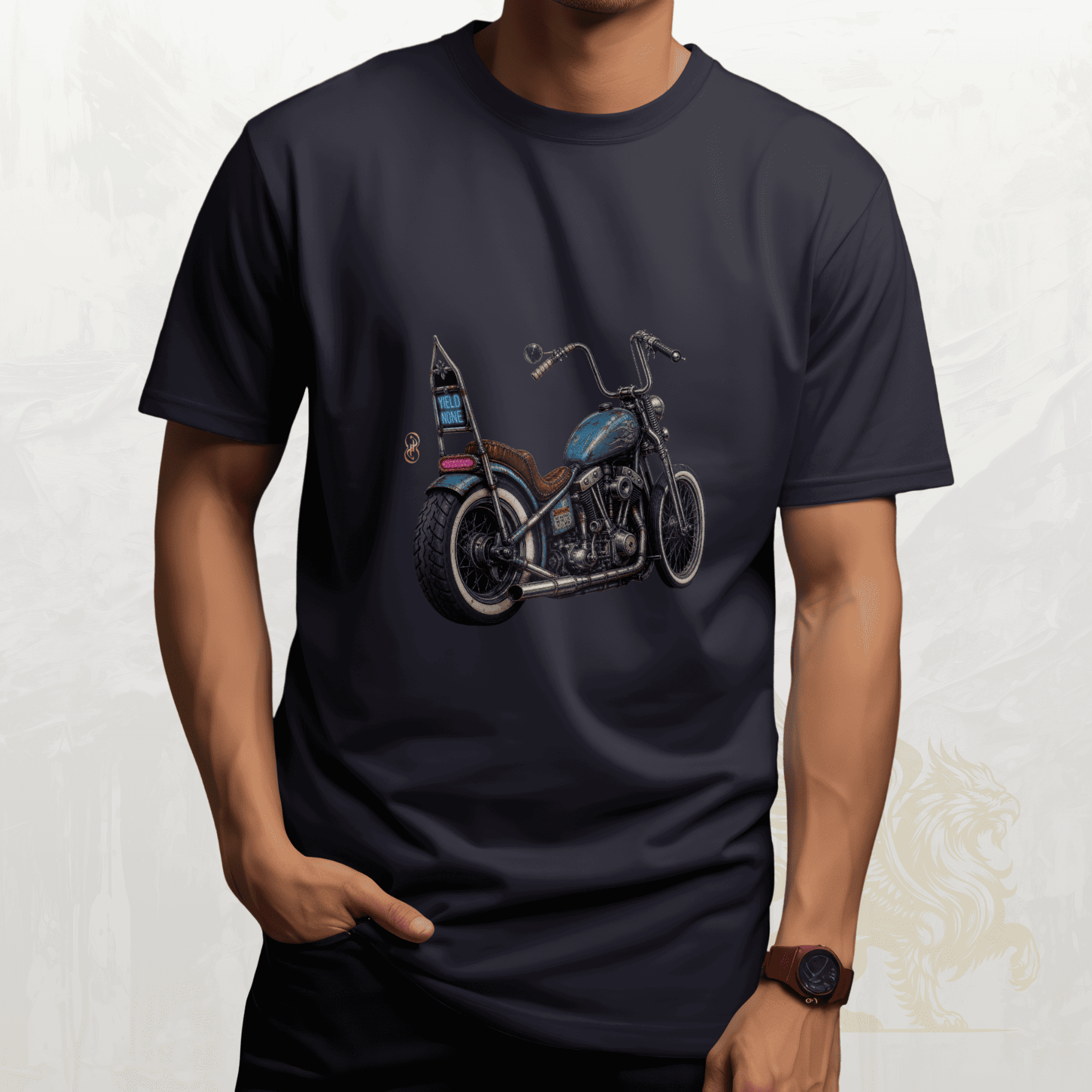 Person wearing a black t-shirt with a motorcycle graphic on a white background