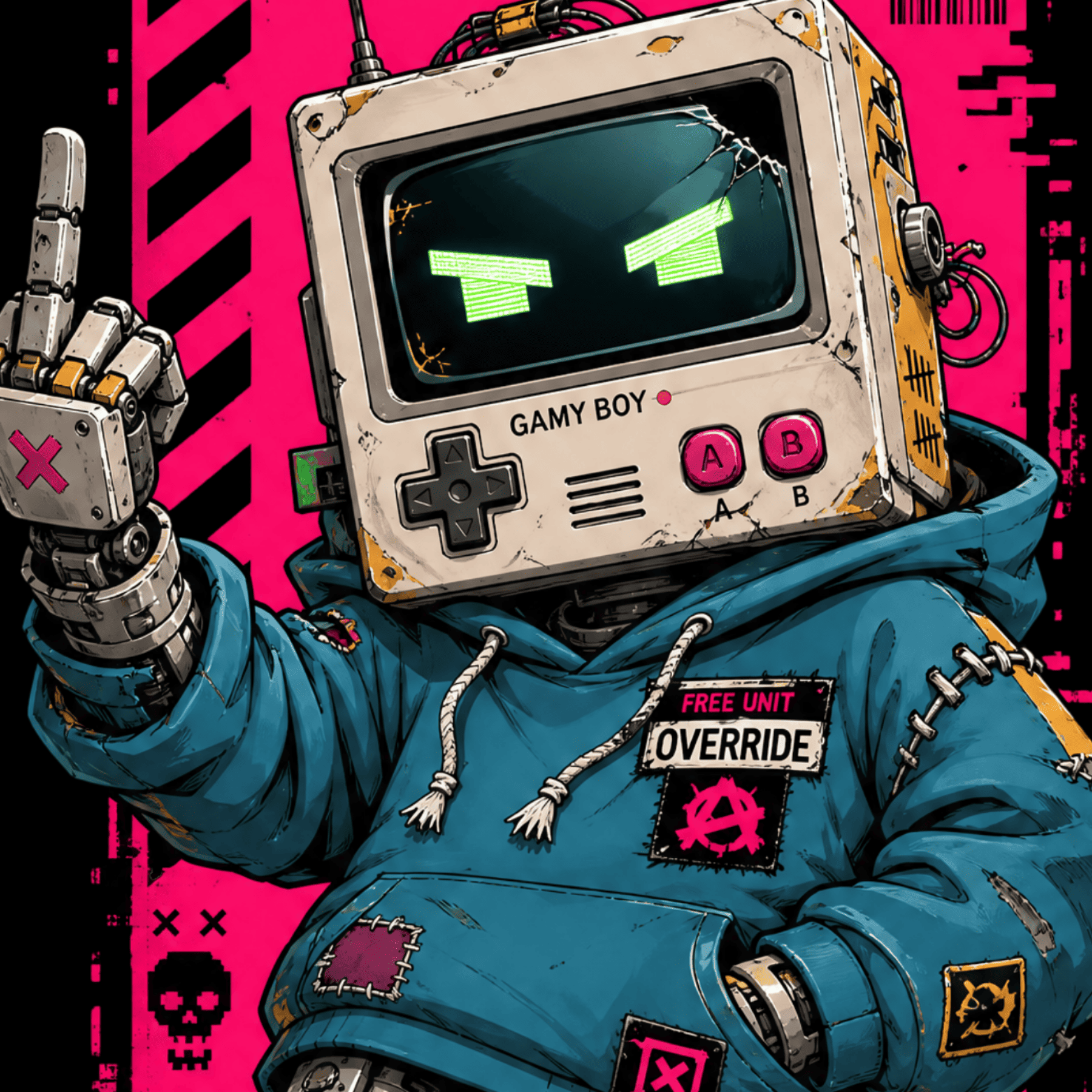 Character with a retro-futuristic design, including a computer head and robot hand, on a pink and black striped background.
