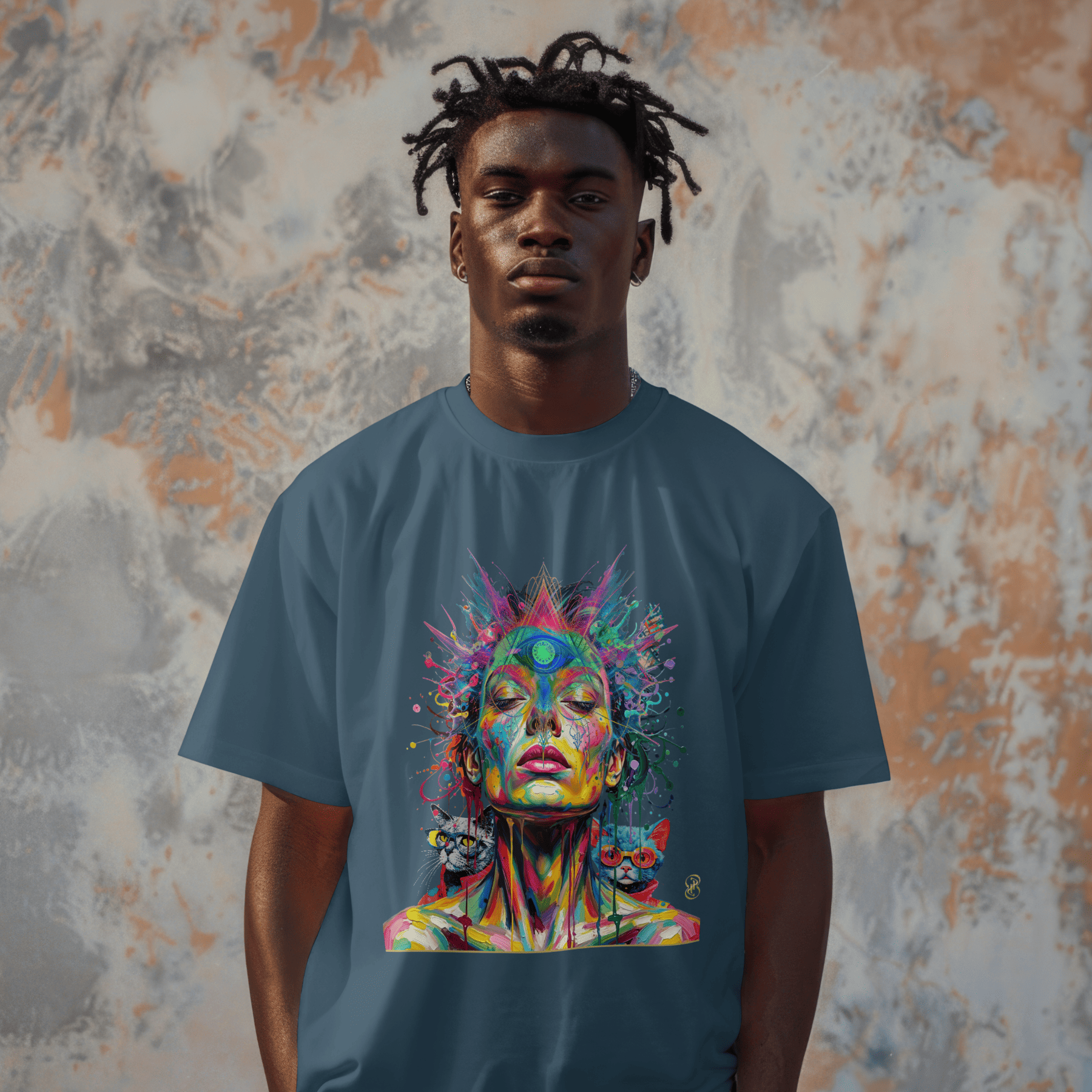 Man wearing a blue t-shirt with a colorful graphic design against a textured wall.
