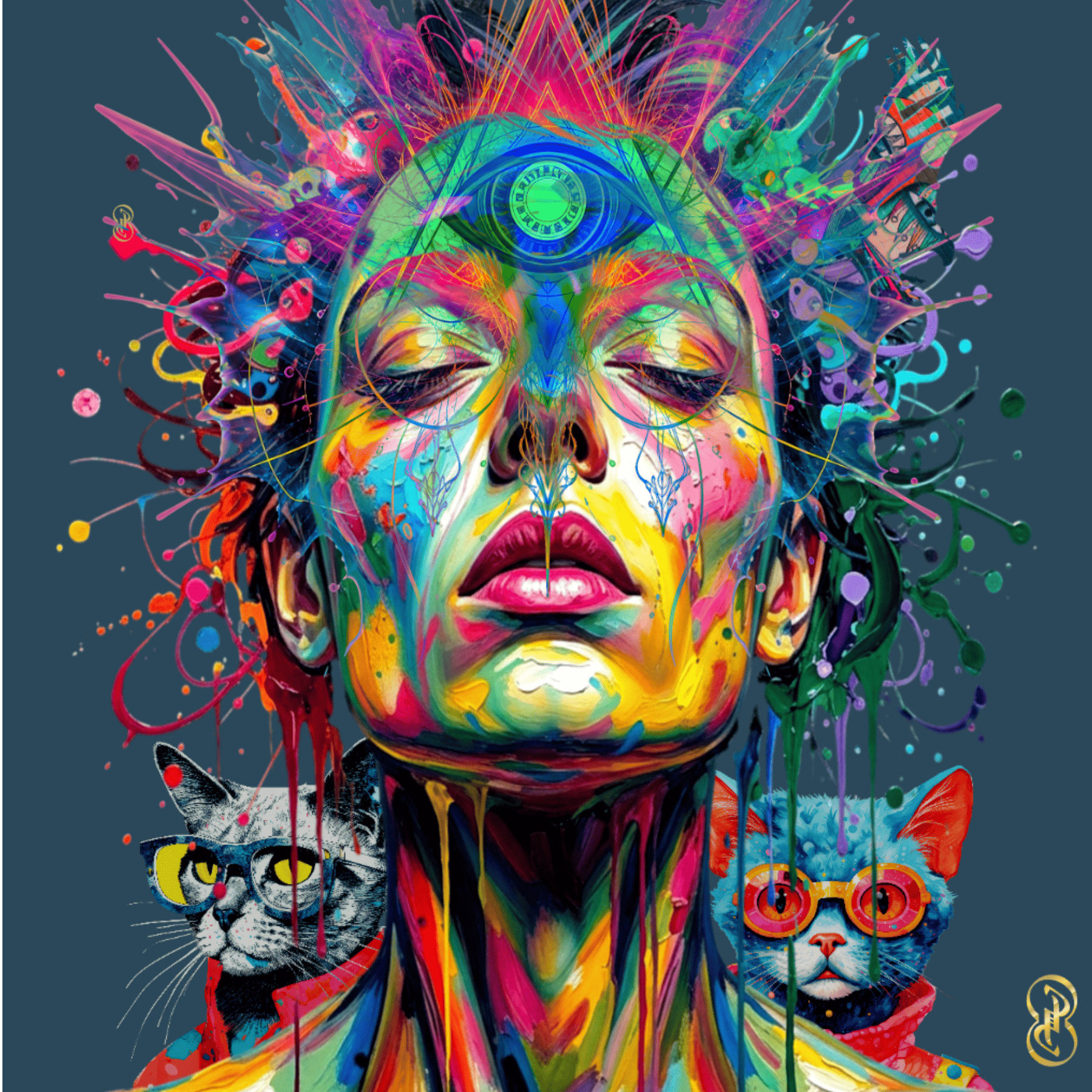 Colorful abstract art with a face and two cats on a dark background