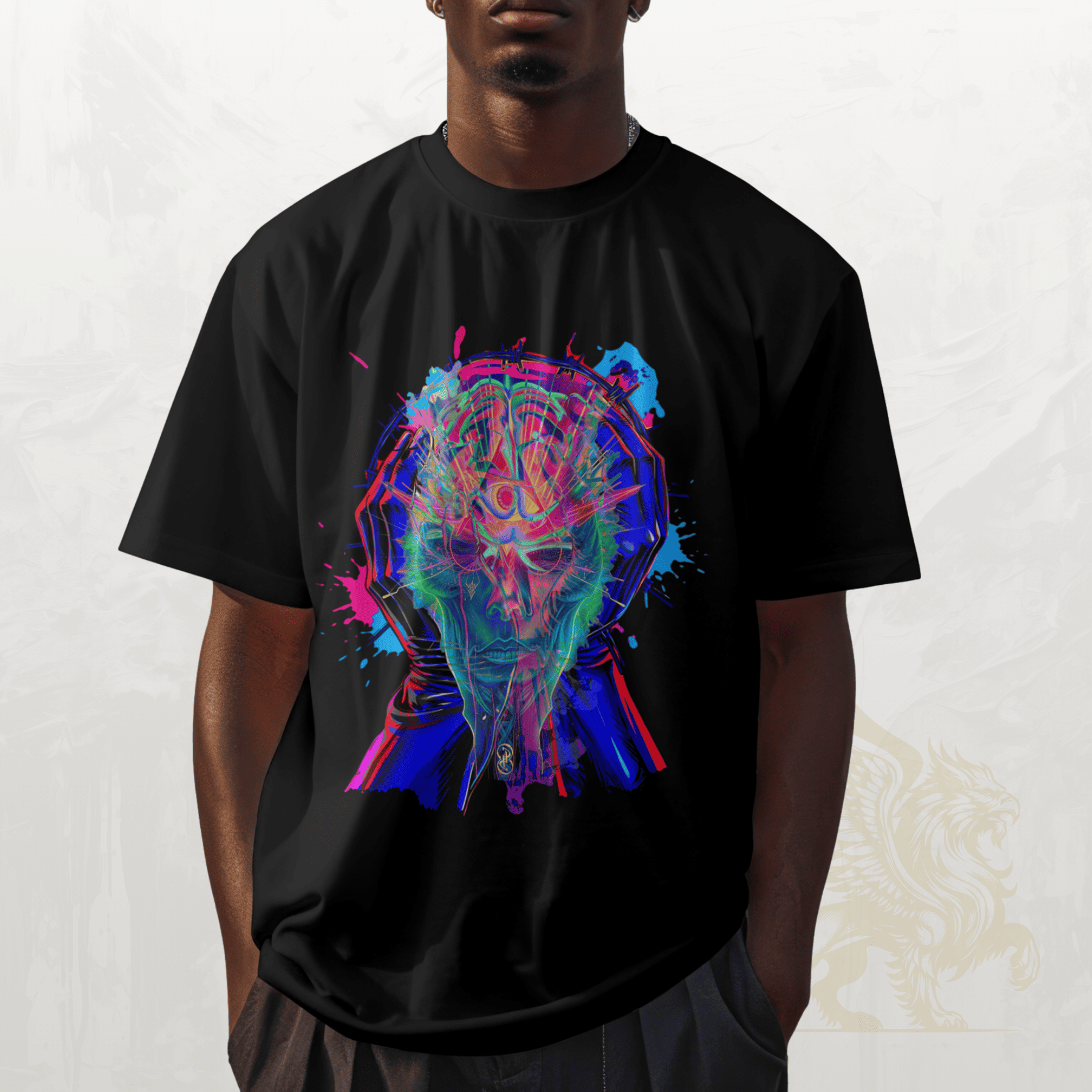 Person wearing a black t-shirt with a colorful graphic design on a light background