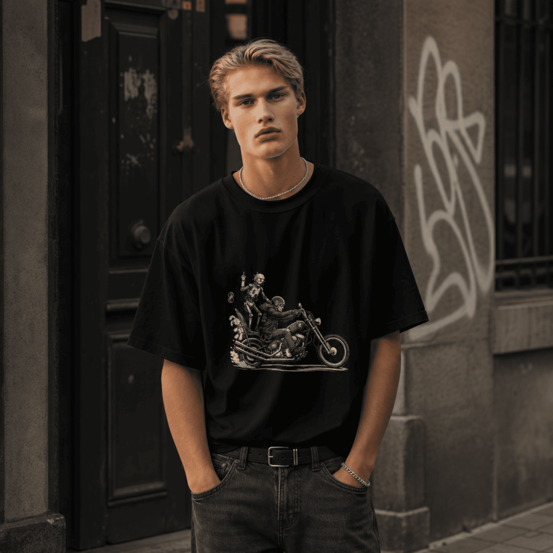 Person wearing a black t-shirt with a graphic design, standing against a dark wall with graffiti.