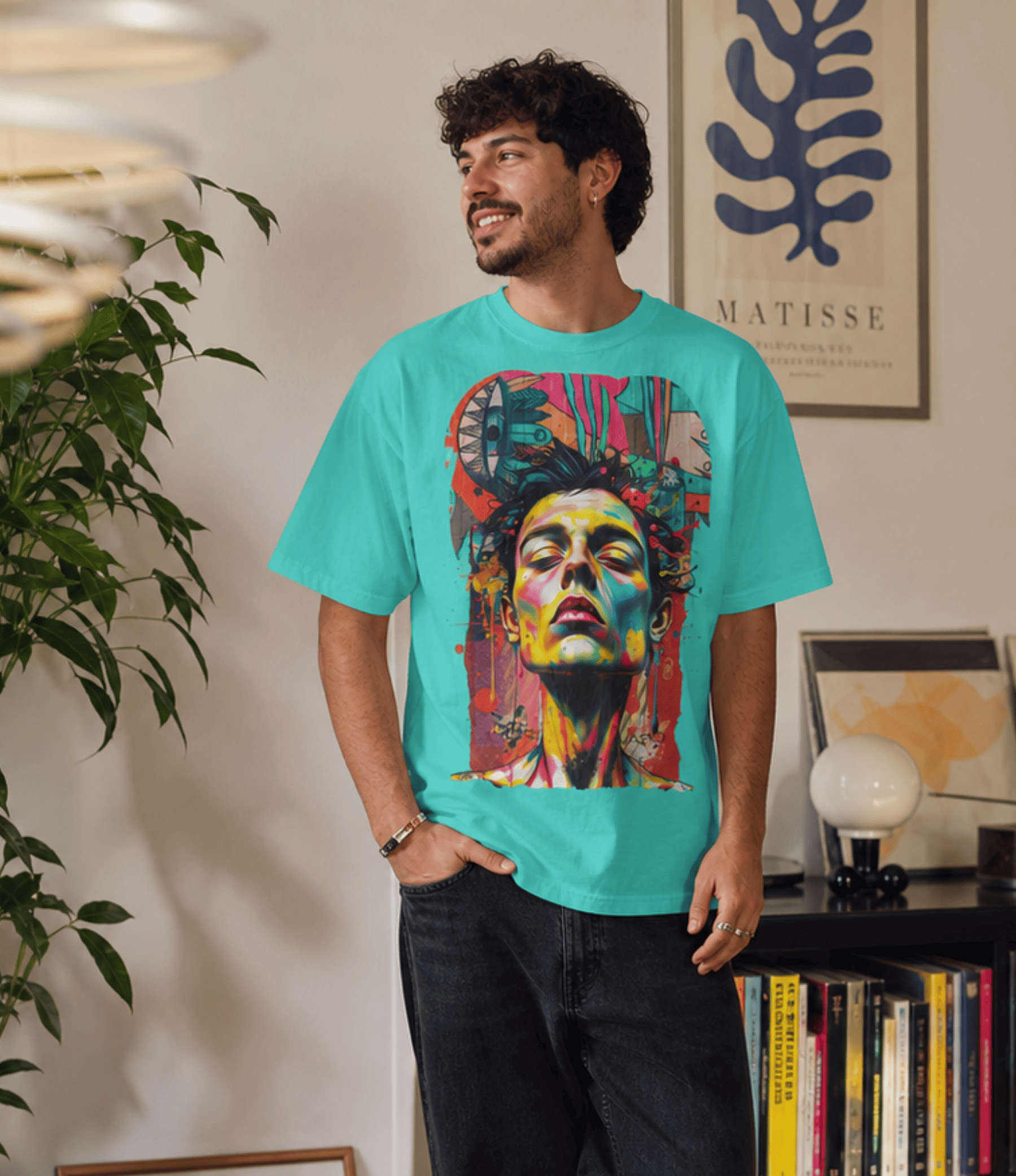A man wearing a bright turquoise graphic t-shirt with a colourful portrait print, paired with dark jeans, standing in a cozy, modern room with a bookshelf and framed art in the background.