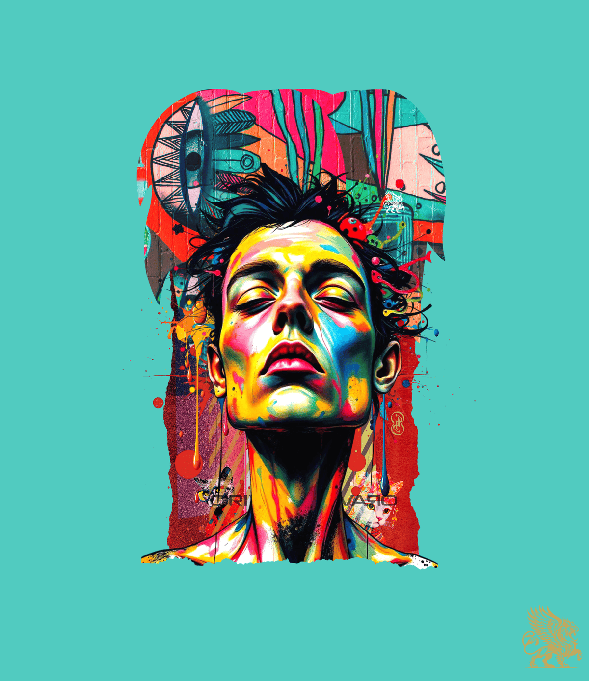 Vibrant pop art portrait of a person with closed eyes, rendered in bright multi-coloured paint splashes and drips on a solid turquoise background.