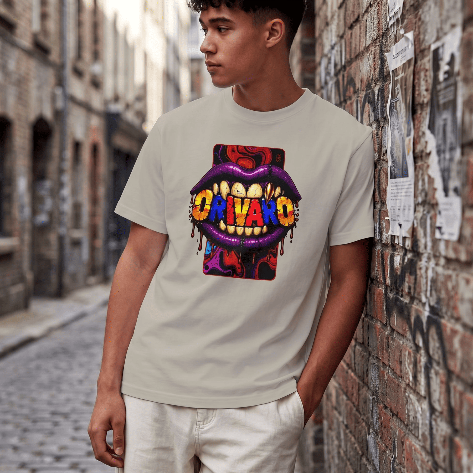 A man wearing a light beige t-shirt with a colourful graphic of dripping purple lips holding the word 'ORIVALO' in yellow, red, and blue letters, standing in an urban alleyway next to a brick wall.