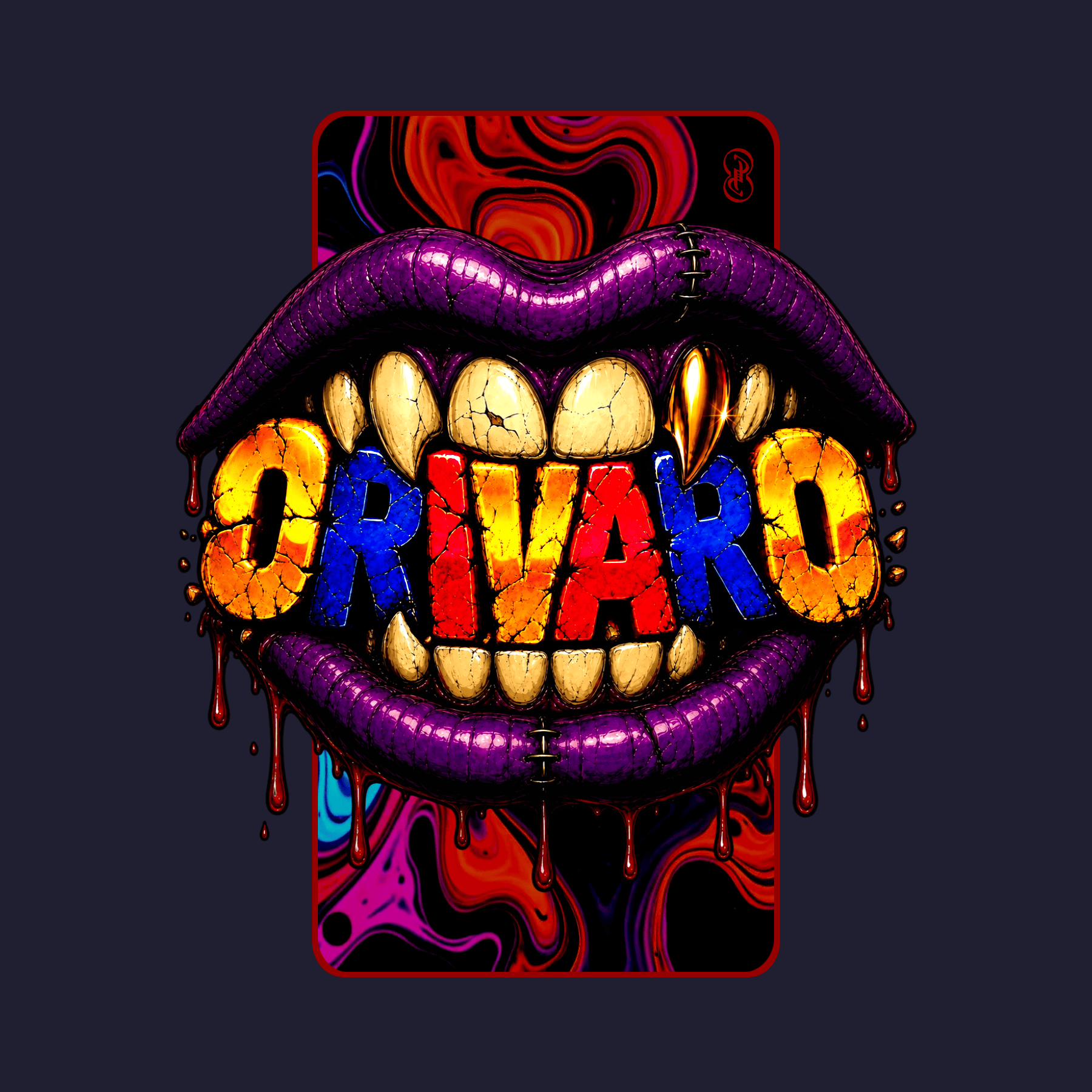 A stylized graphic of a mouth with sharp teeth and dripping paint, with the word "ORIVARO" across the teeth in bold multicoloured letters. The design is cantered on a dark background.