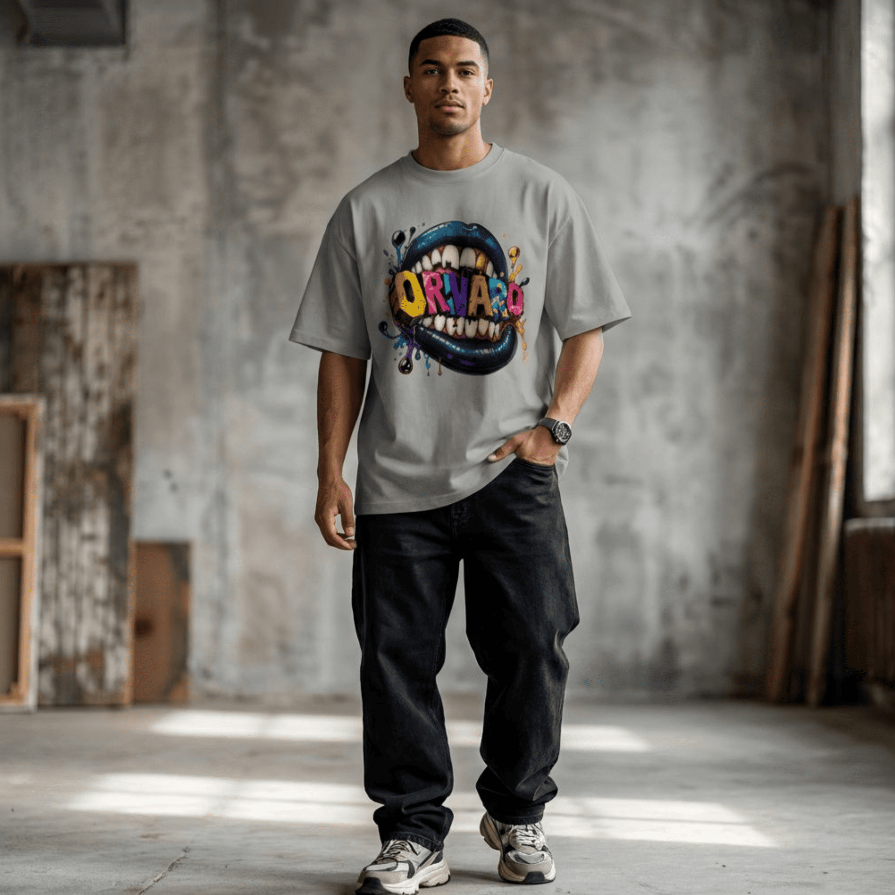 A man wearing a light grey t-shirt with a colourful 'ORIVARO' graphic print, paired with black cargo pants and sneakers, standing in a concrete warehouse setting.