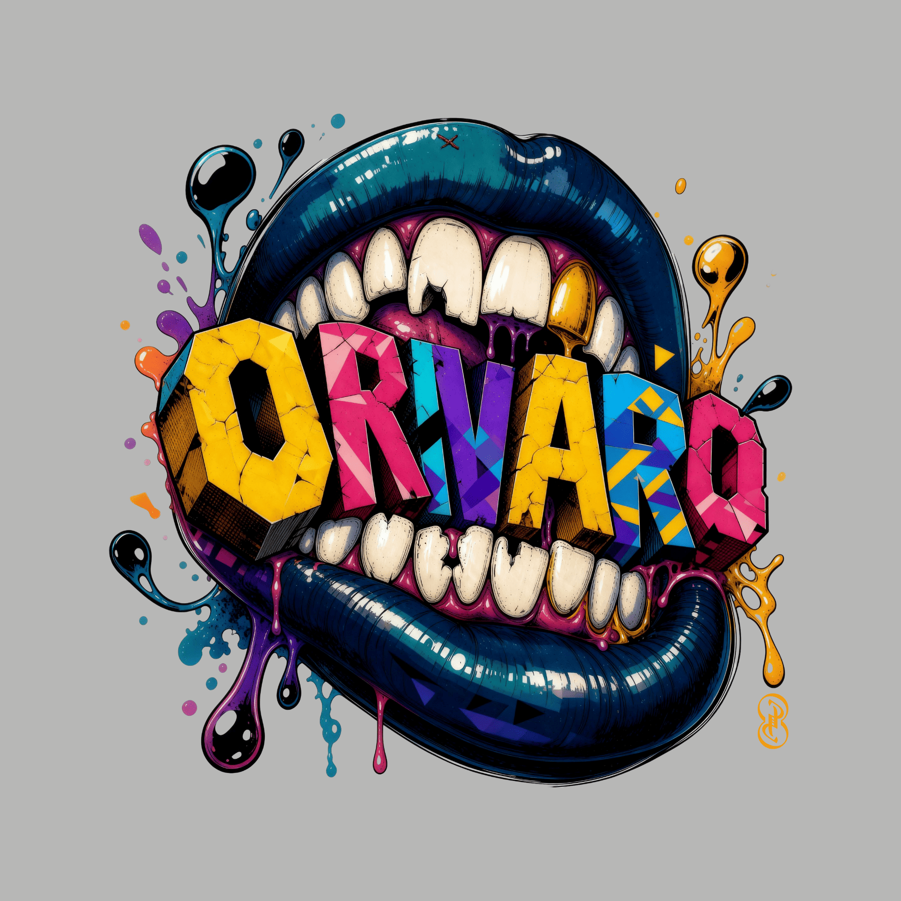 Vibrant graffiti-style graphic art featuring the word 'ORIVARO' in bold, multi-coloured 3D letters overlaid on glossy dark blue lips with fangs, paint splatters, and drips on a solid grey background.