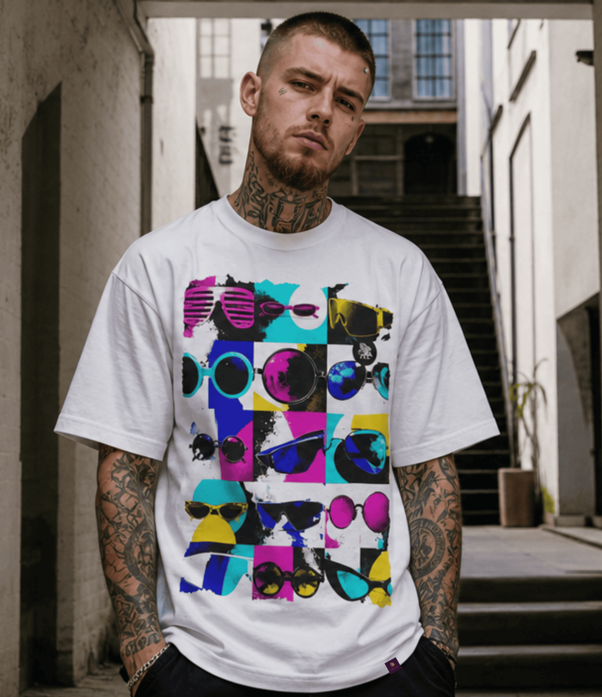 A man with tattoos wearing a white graphic t-shirt featuring a colourful collage of sunglasses in a narrow outdoor alleyway.