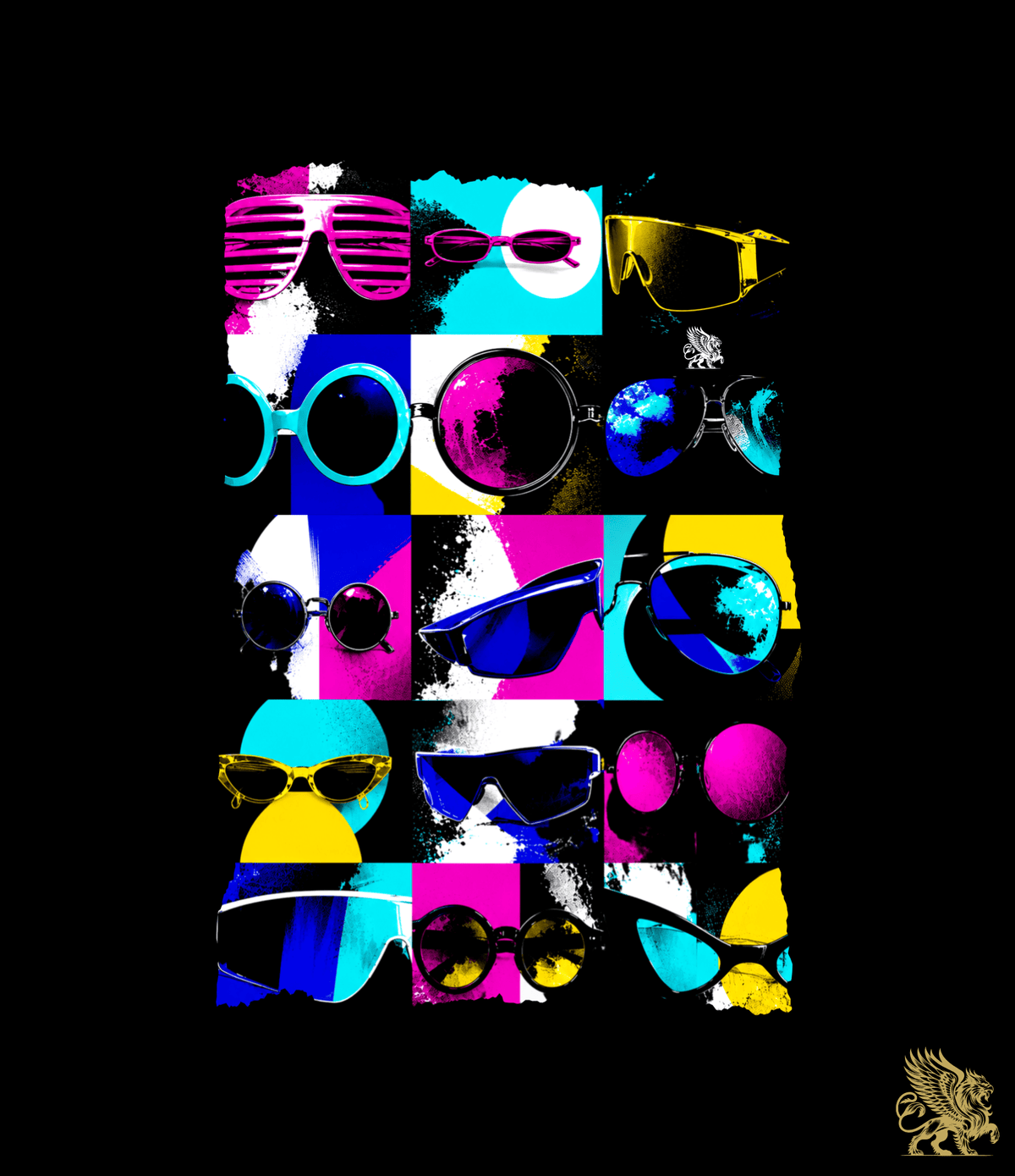 A vibrant pop-art style graphic print featuring a collage of various sunglasses in neon pink, cyan, yellow, and blue on a black background, with a small gold winged emblem in the bottom right corner.