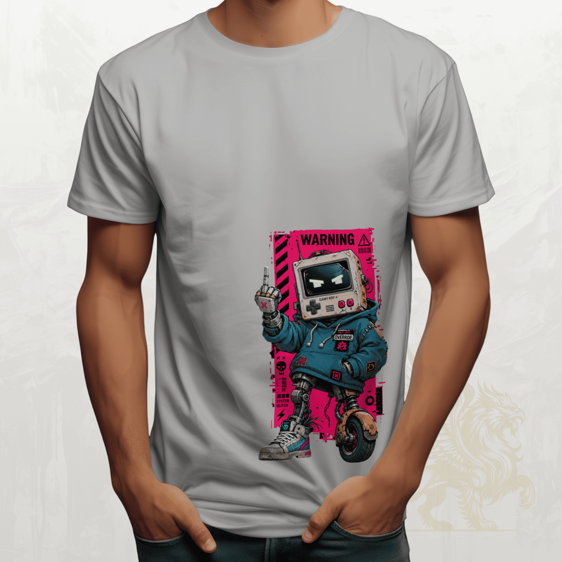 Gray t-shirt with a graphic design of a person in a futuristic outfit and robot head on a white background