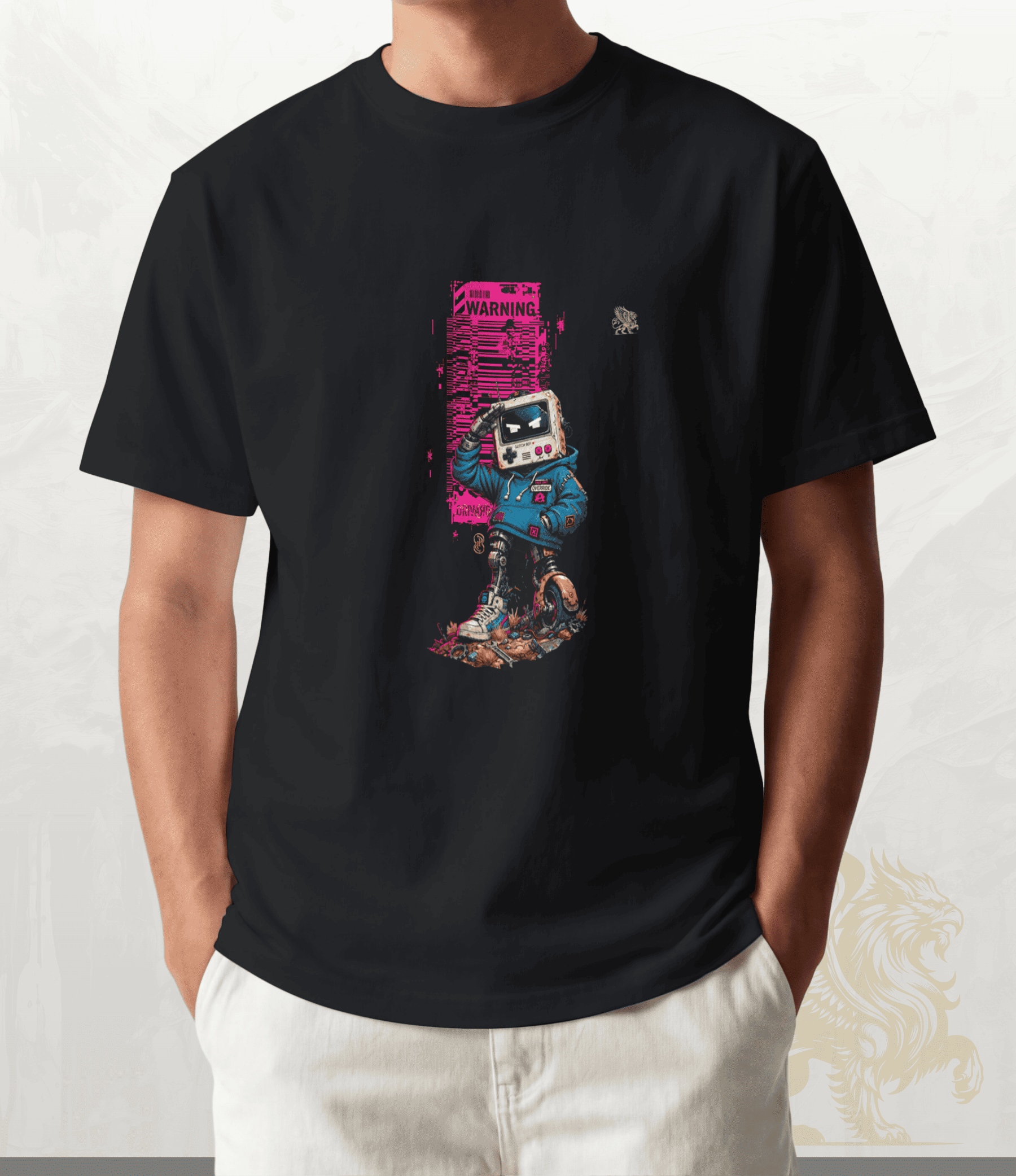 A person wearing a black short-sleeve crewneck t-shirt with a colourful graphic of a retro computer mouse character in a blue spacesuit standing in front of a pink warning sign. The person is also wearing off-white pants, set against a light textured background.