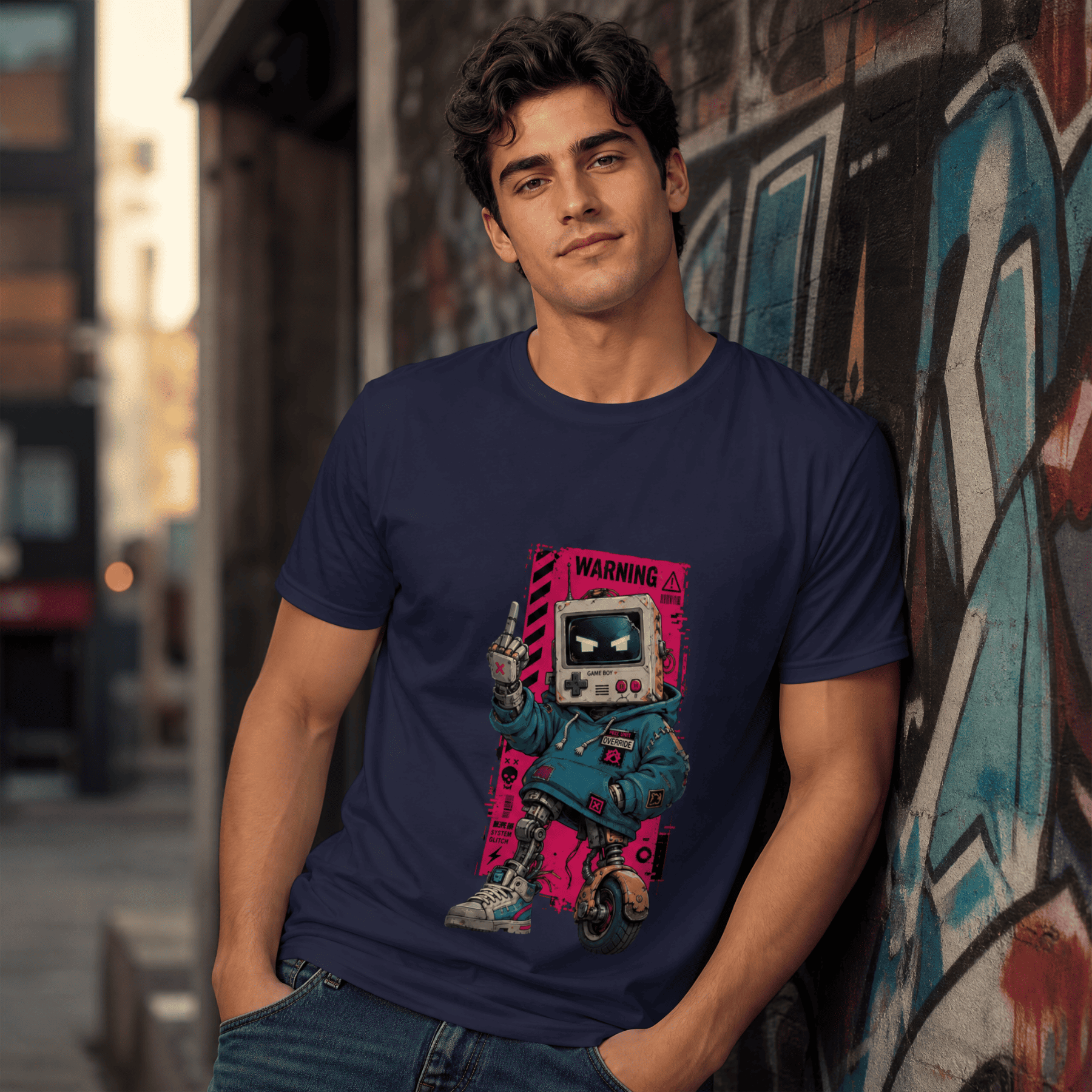 Man wearing a navy blue t-shirt with a colorful graphic design, standing against a graffiti-covered wall.